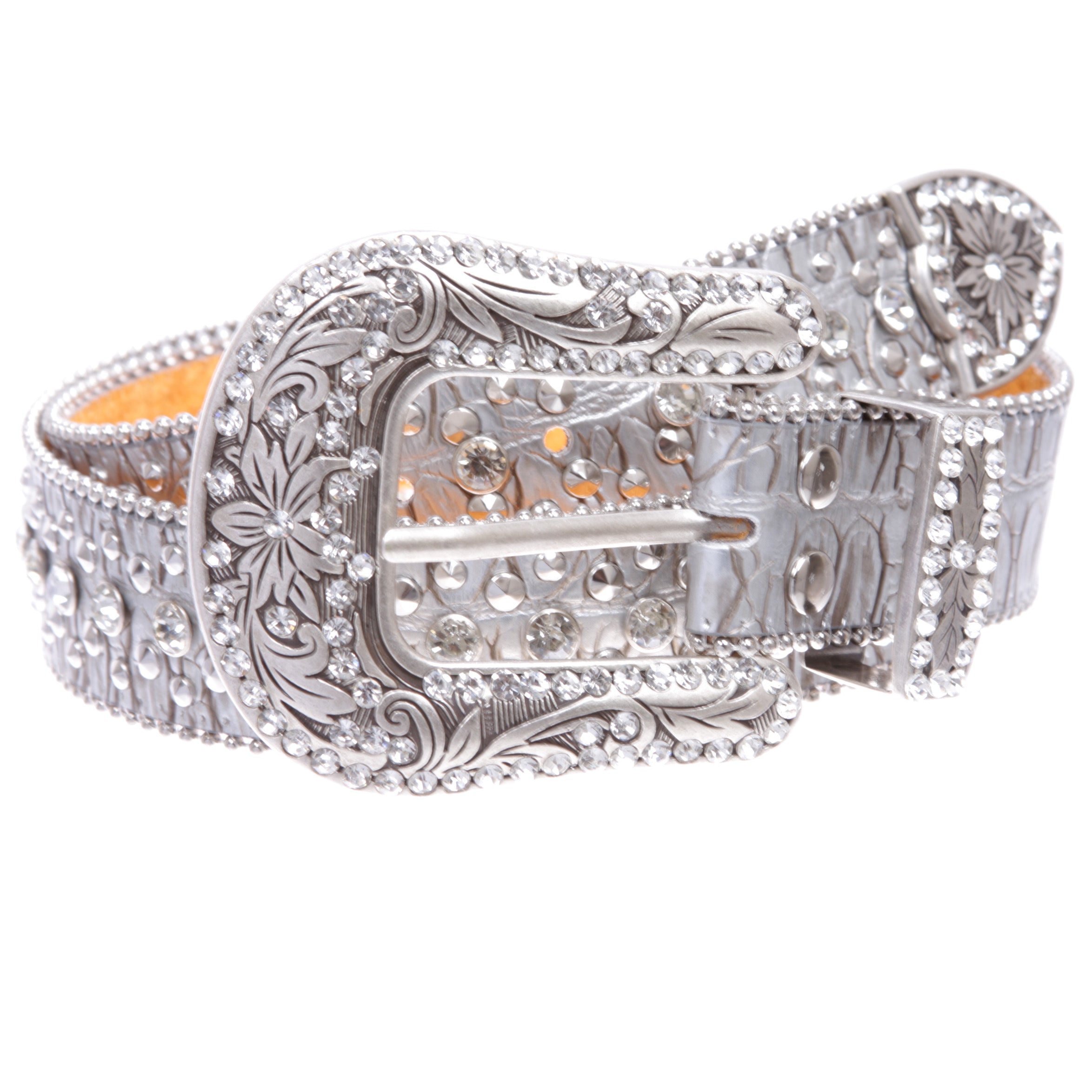 Western Cowgirl Faux Alligator Rhinestone Studded Leather Belt - OnlineBelts