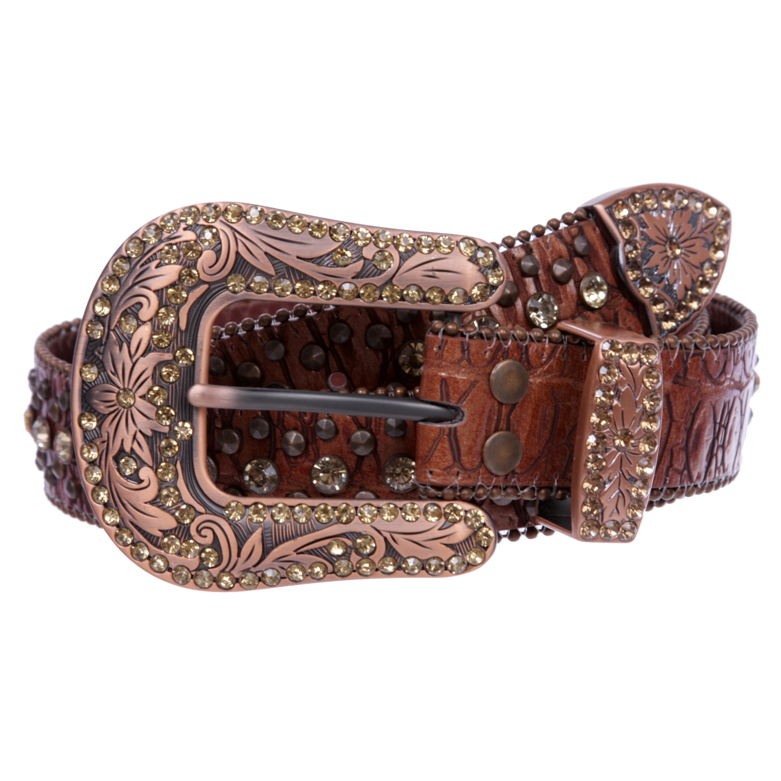 Western Cowgirl Faux Alligator Rhinestone Studded Leather Belt - OnlineBelts