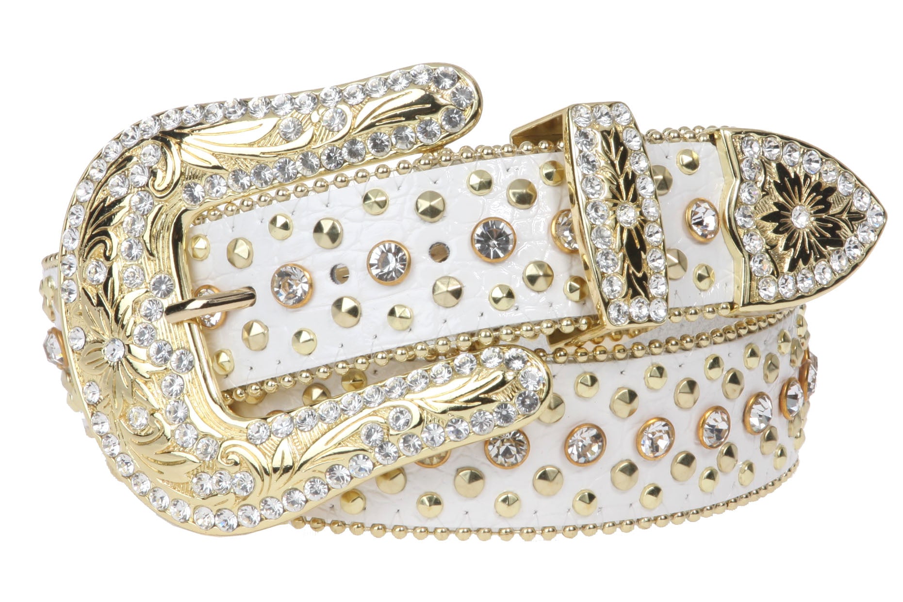 Western Cowgirl Faux Alligator Rhinestone Studded Leather Belt - OnlineBelts