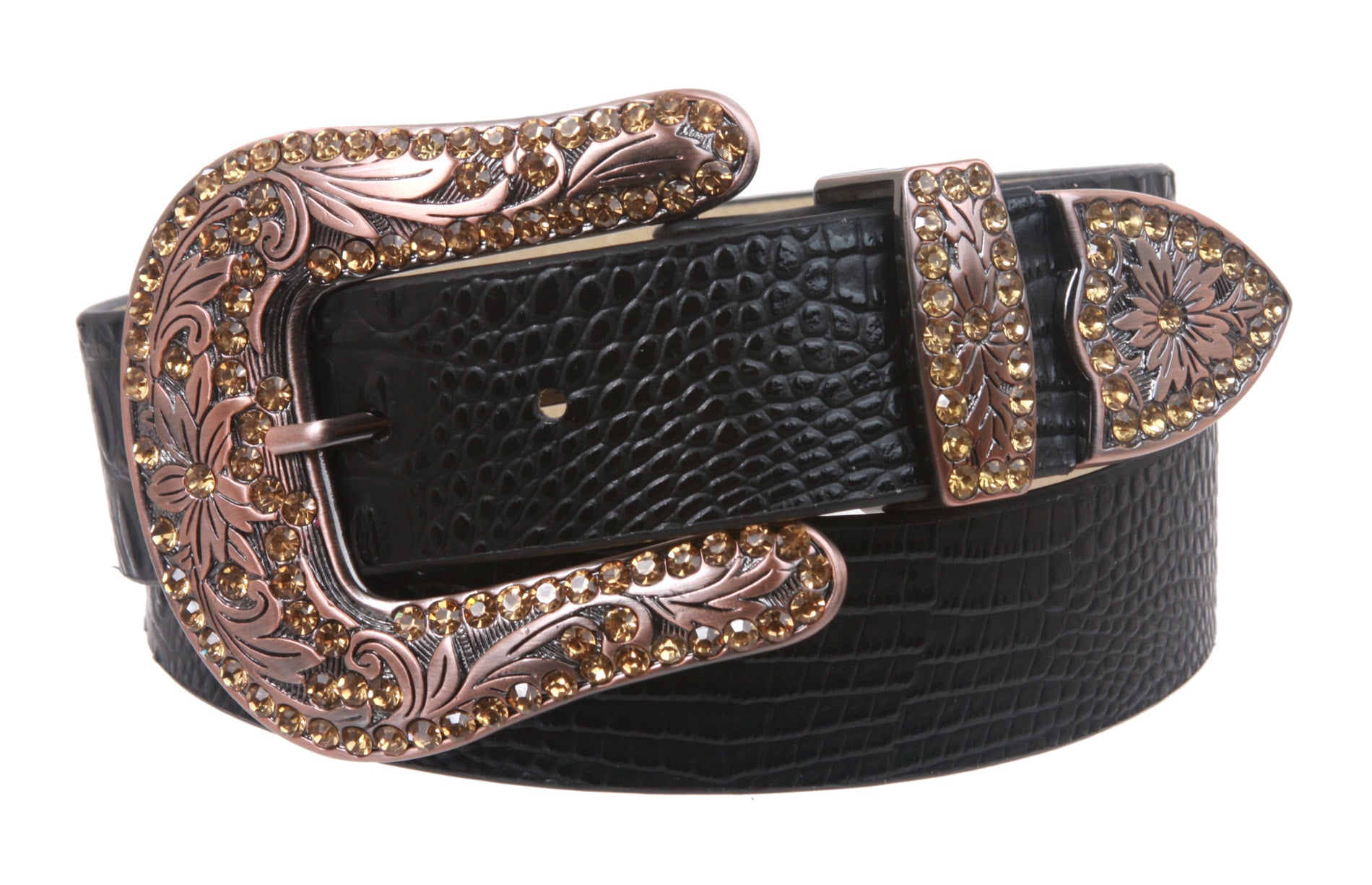 Snap On Western Faux Crocodile Print Rhinestone Leather Belt - OnlineBelts
