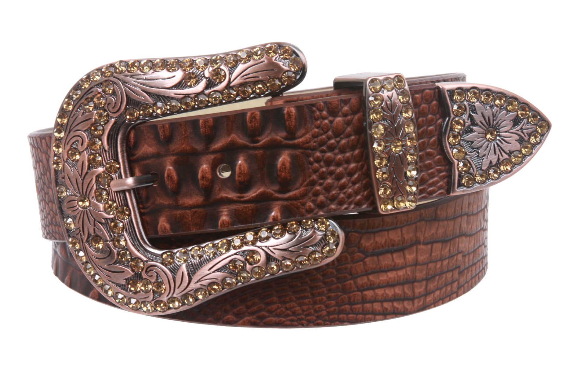 Snap On Western Faux Crocodile Print Rhinestone Leather Belt - OnlineBelts