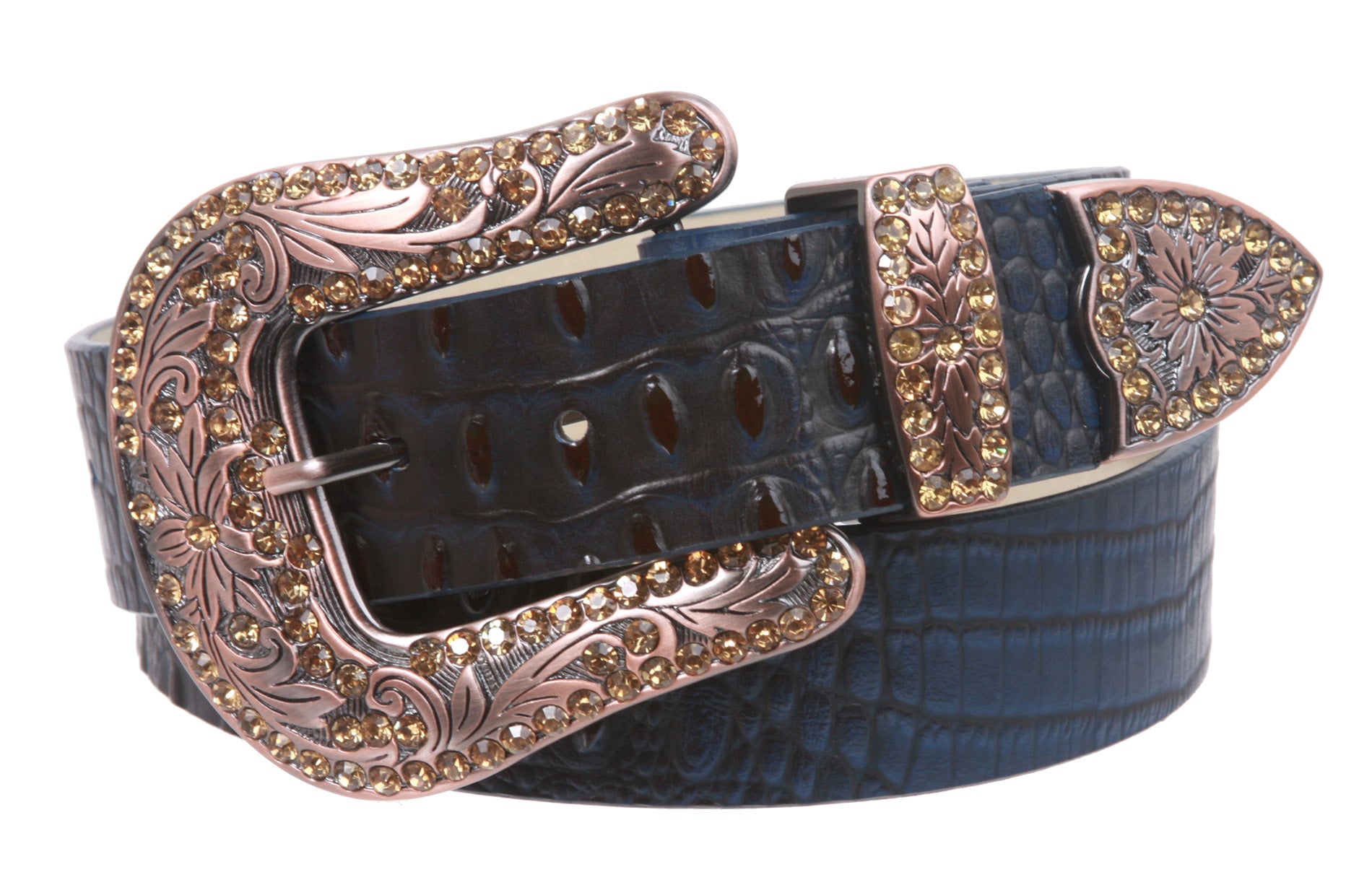 Snap On Western Faux Crocodile Print Rhinestone Leather Belt - OnlineBelts