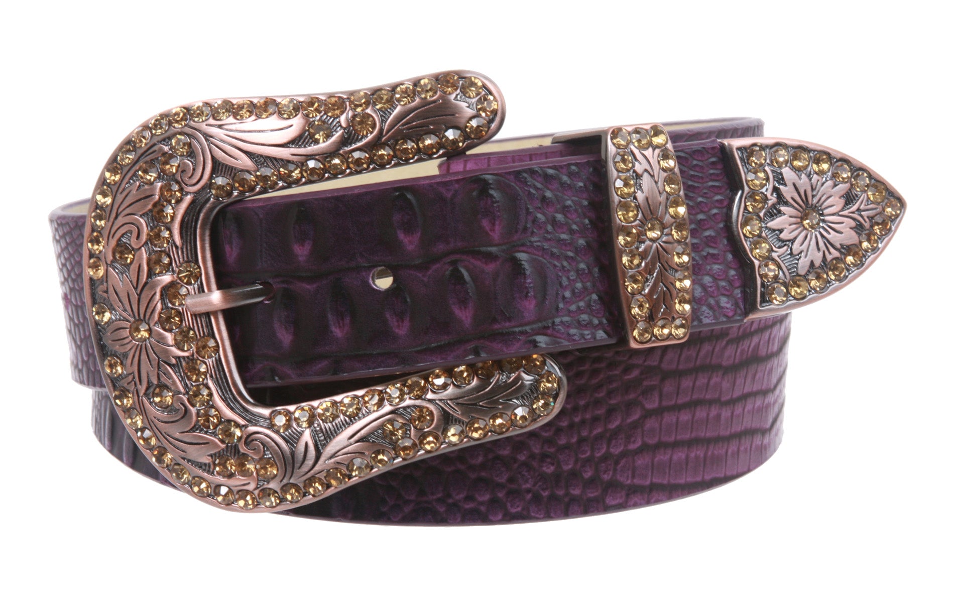 Snap On Western Faux Crocodile Print Rhinestone Leather Belt - OnlineBelts