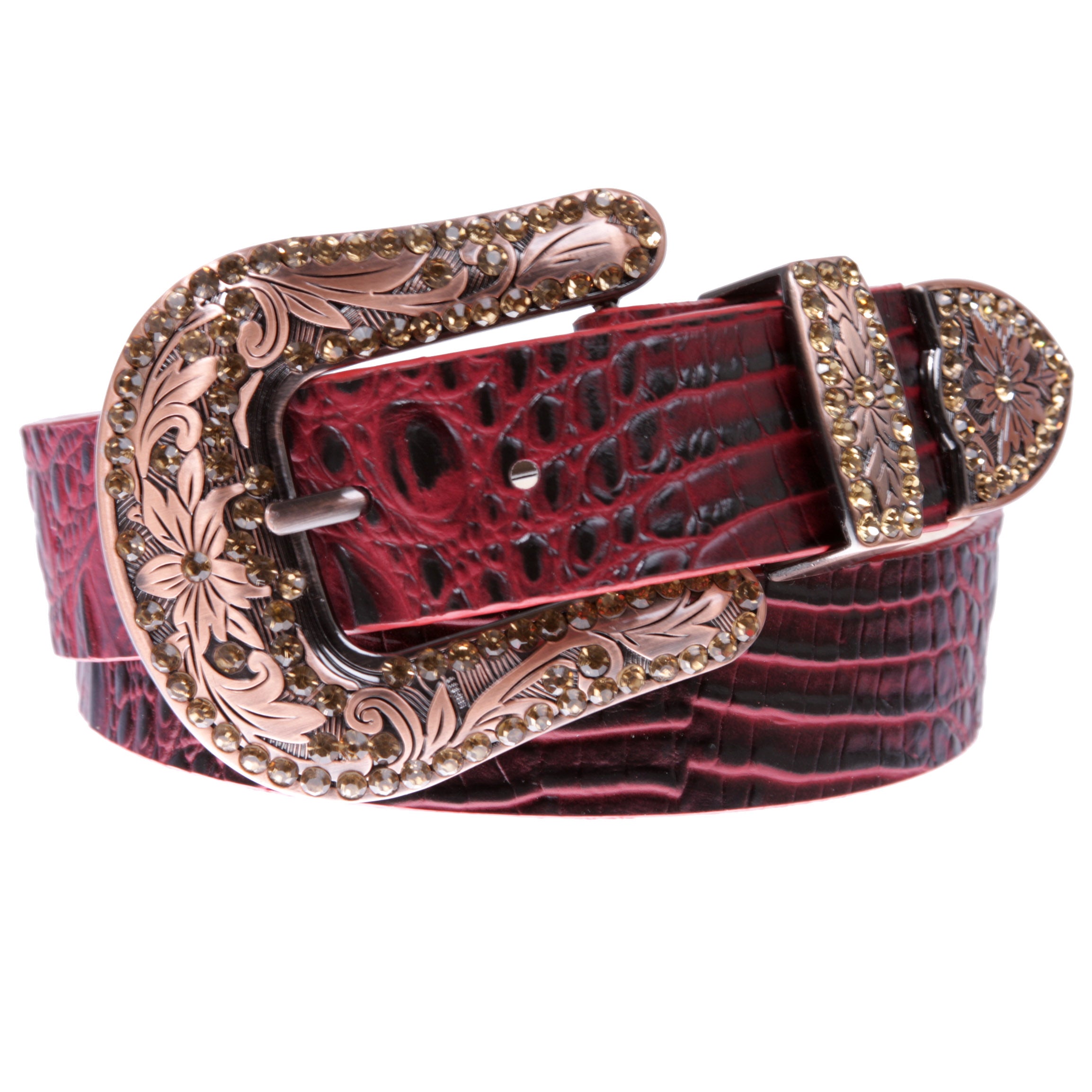 Snap On Western Faux Crocodile Print Rhinestone Leather Belt - OnlineBelts