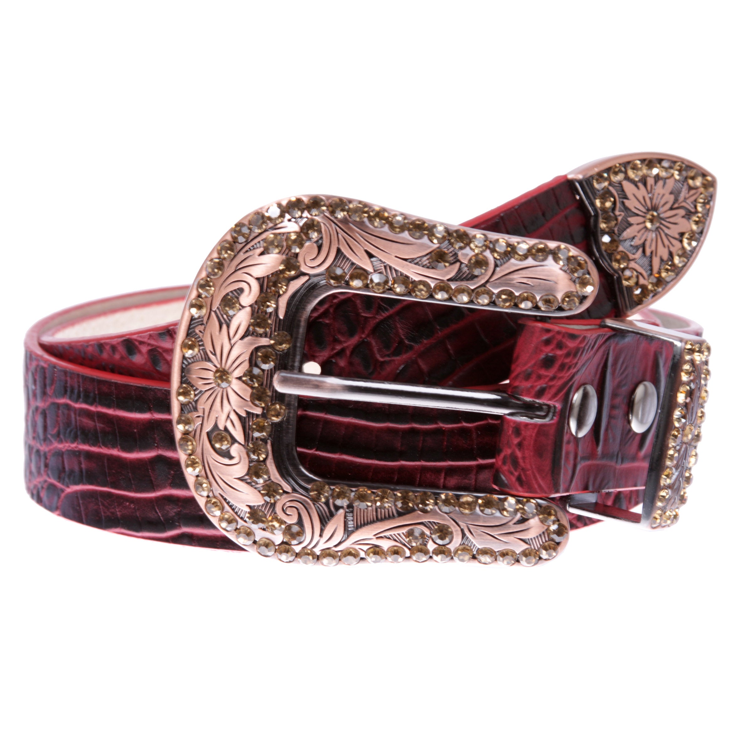 Snap On Western Faux Crocodile Print Rhinestone Leather Belt - OnlineBelts