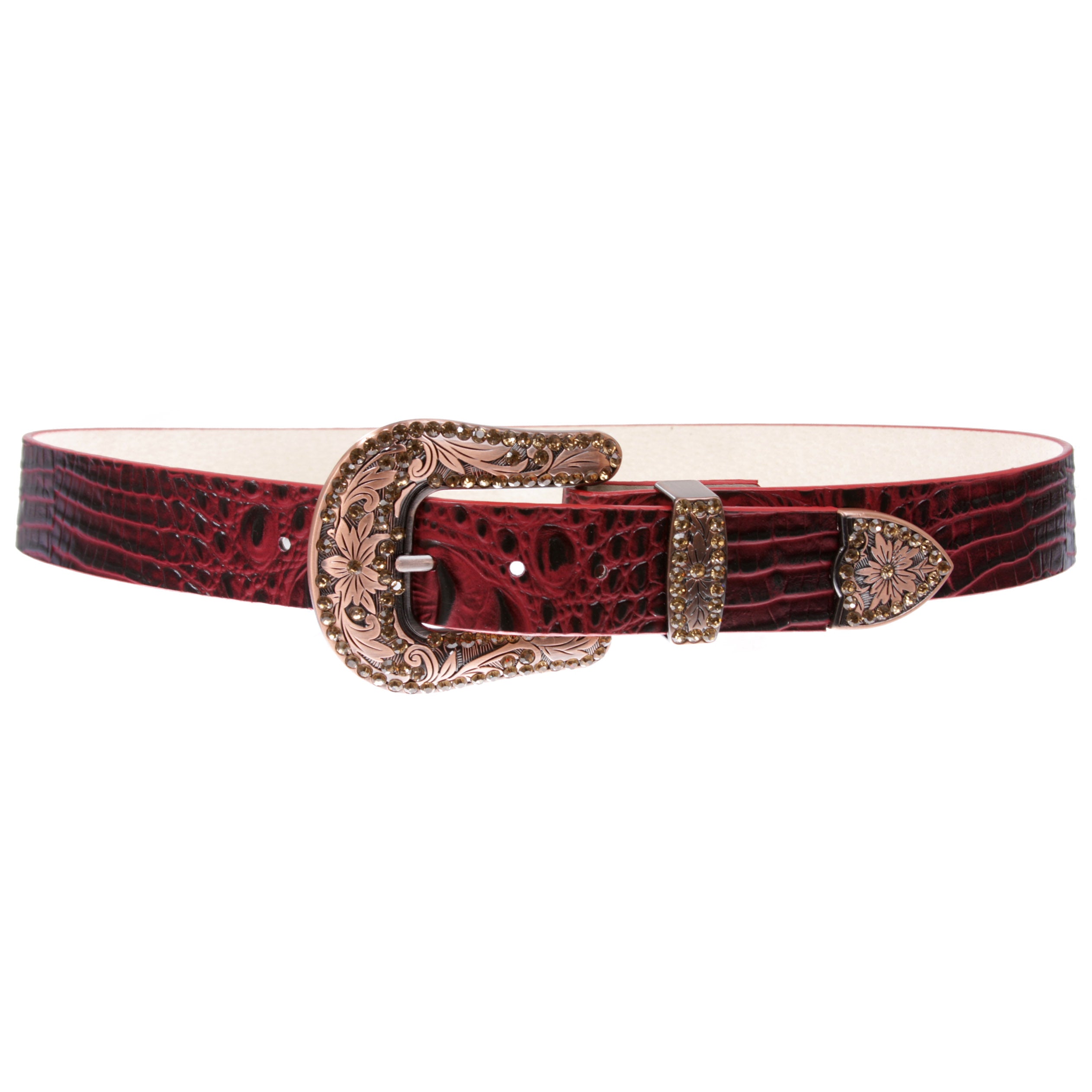 Snap On Western Faux Crocodile Print Rhinestone Leather Belt - OnlineBelts