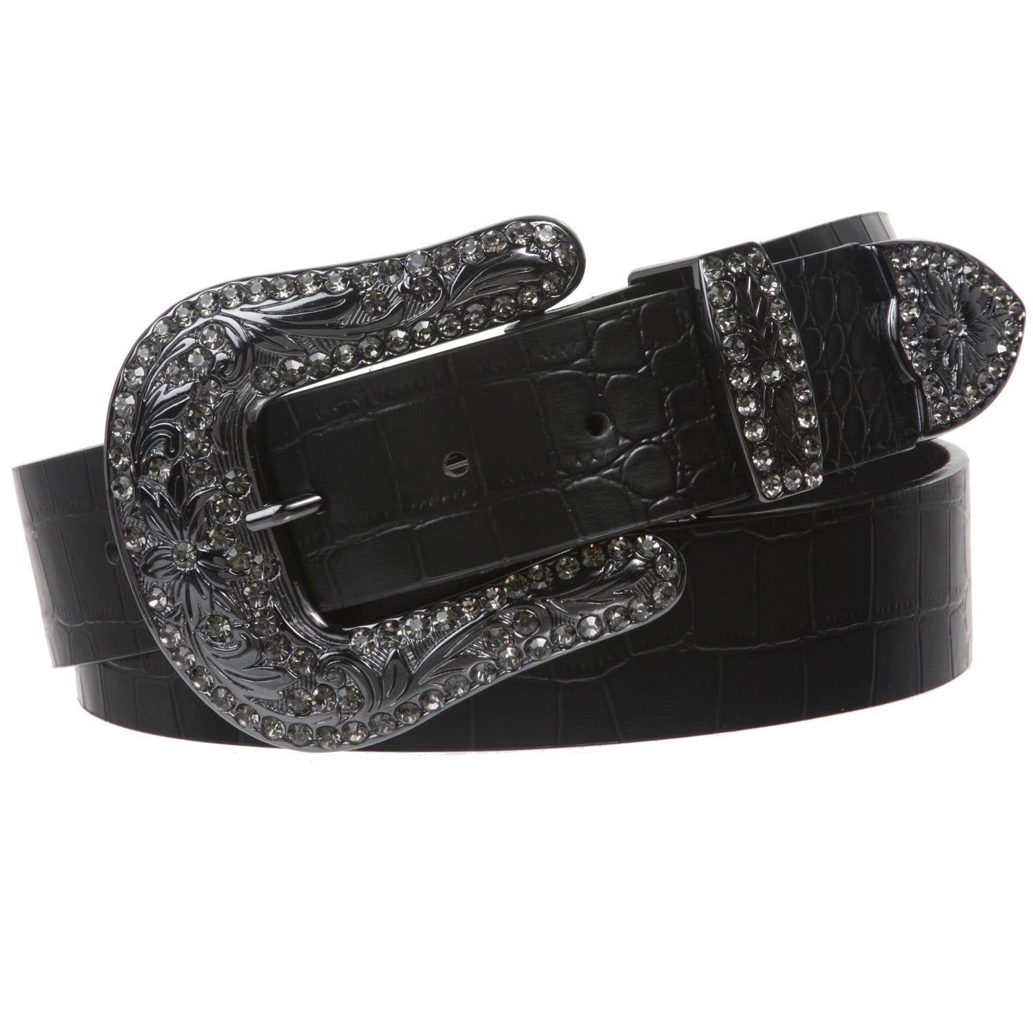Snap On Western Crocodile Print Rhinestone Leather Belt - OnlineBelts