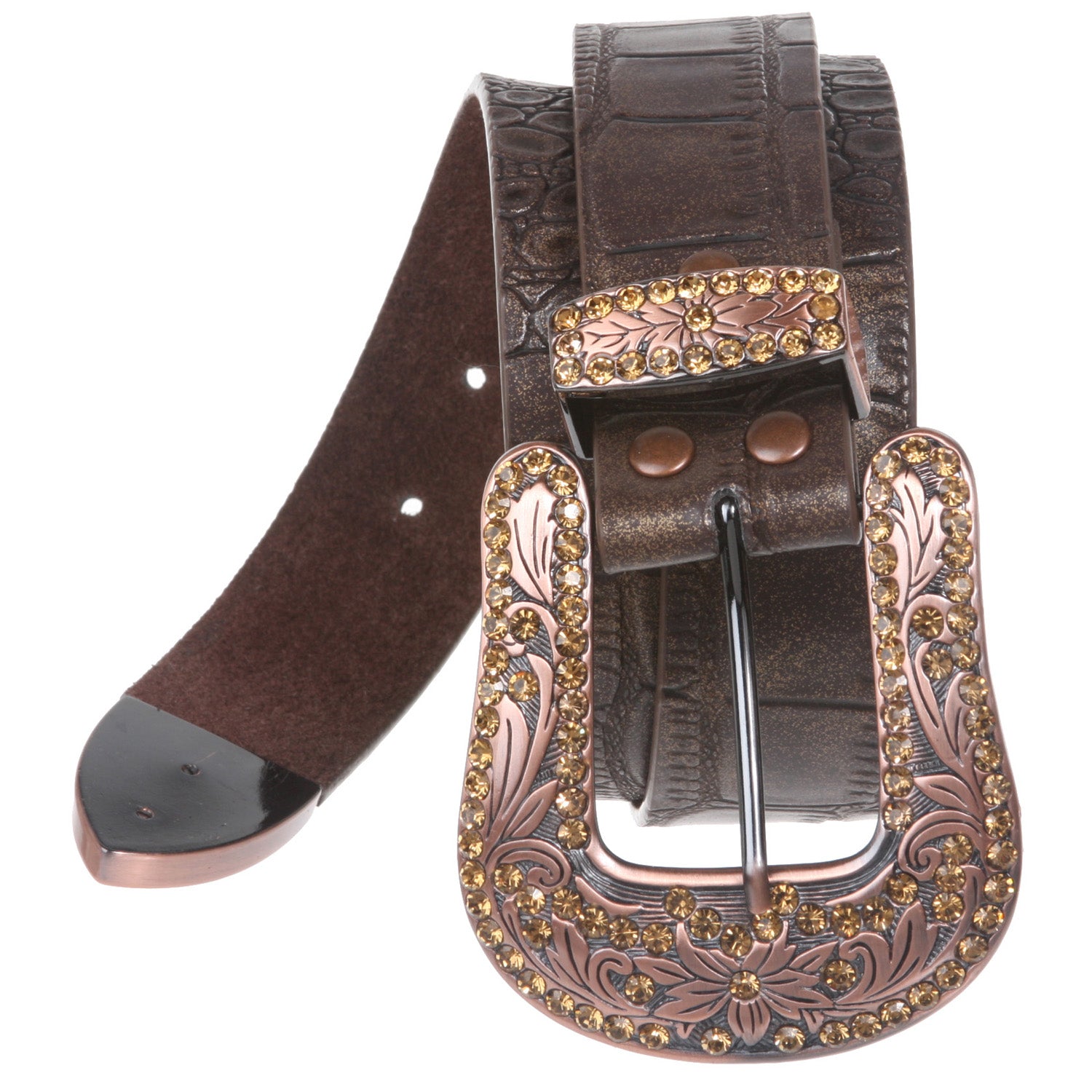 Snap On Western Crocodile Print Rhinestone Leather Belt - OnlineBelts