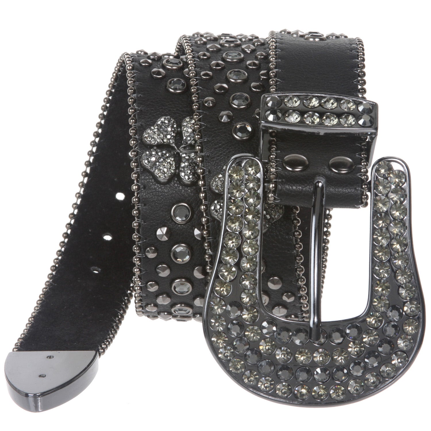 Snap On Western 4 Leaf Clover Rhinestone Studded Leather Belt - OnlineBelts