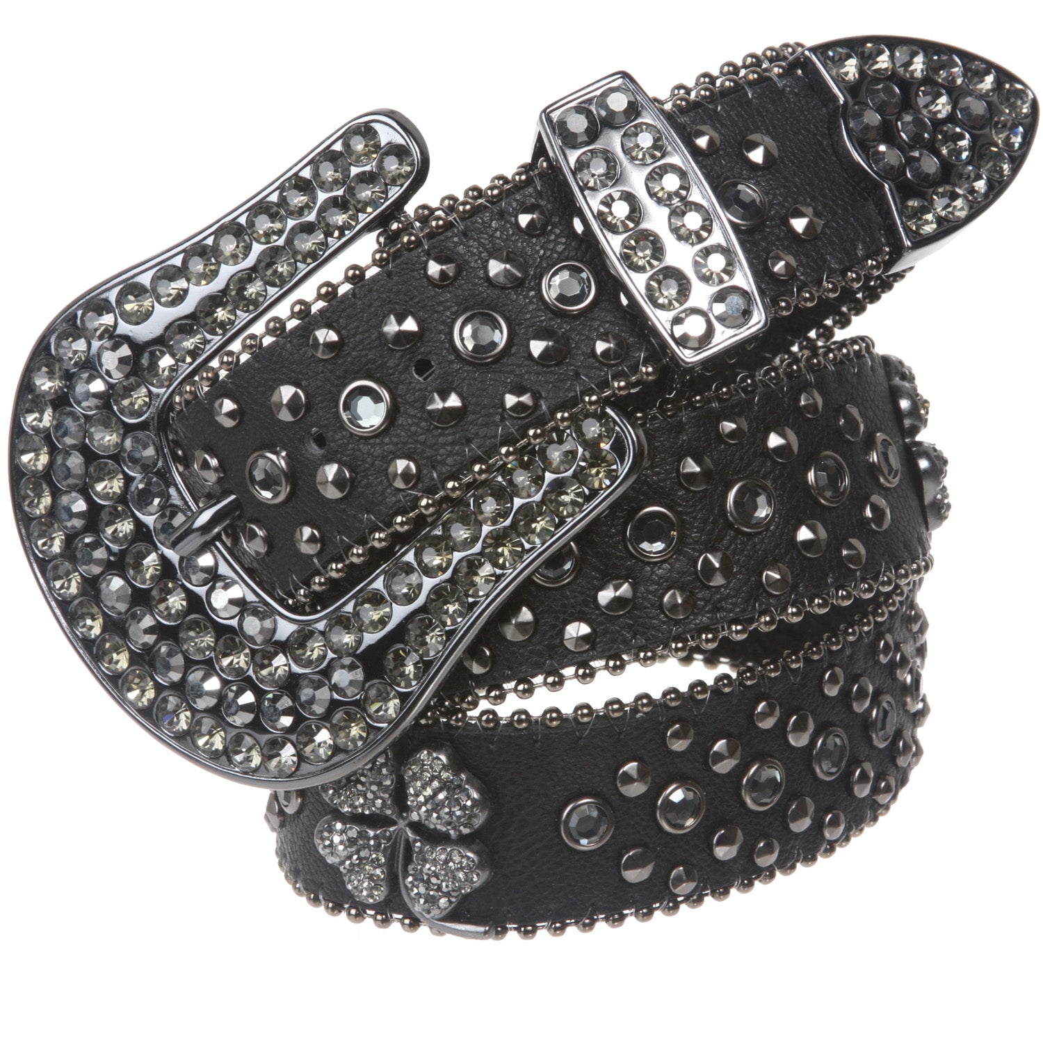 Snap On Western 4 Leaf Clover Rhinestone Studded Leather Belt - OnlineBelts