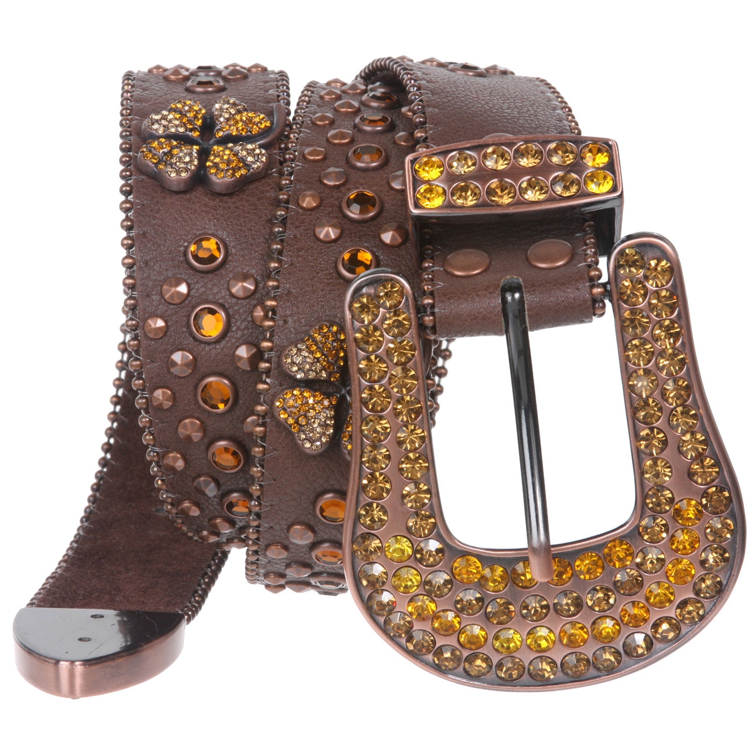 Snap On Western 4 Leaf Clover Rhinestone Studded Leather Belt - OnlineBelts