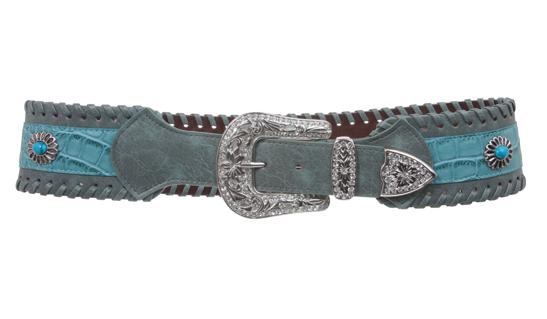 2 3/4" Wide Western Contoured Laced Alligator Cowgirl Rhinestone Turquoise Leather Belt