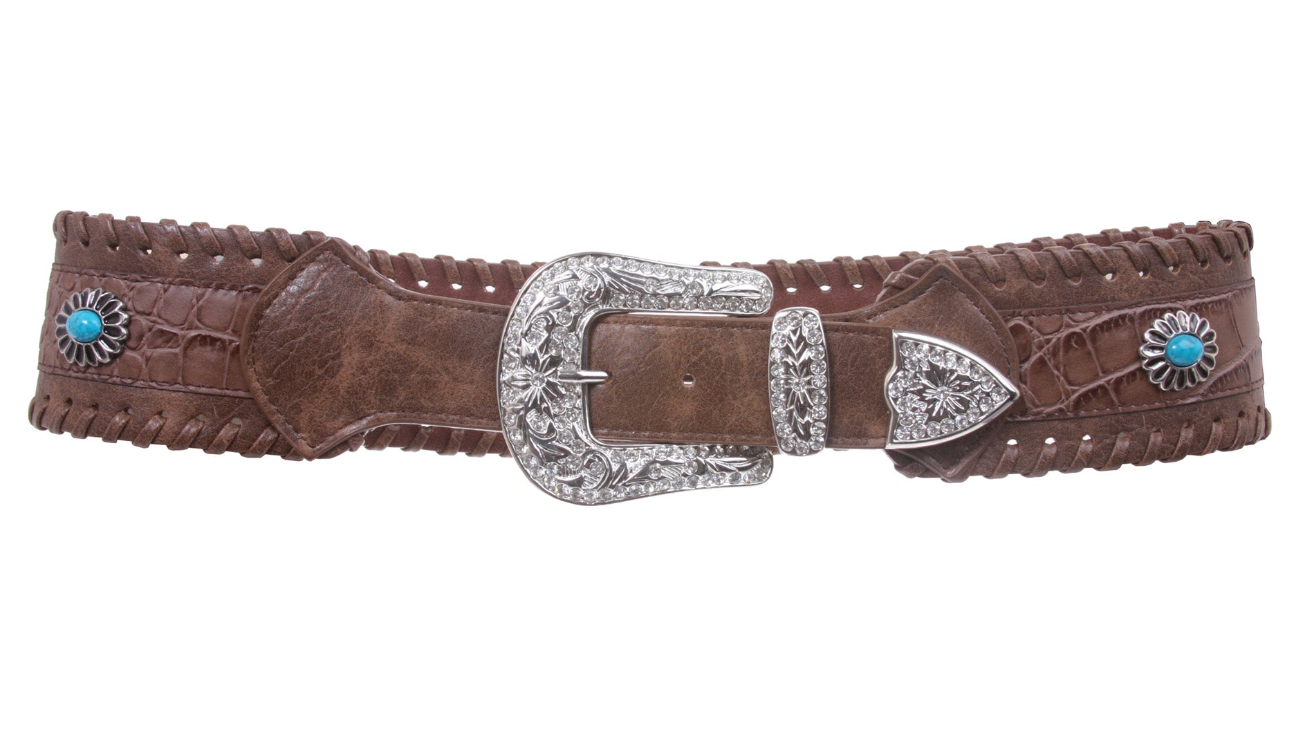 2 3/4" Wide Western Contoured Laced Alligator Cowgirl Rhinestone Turquoise Leather Belt