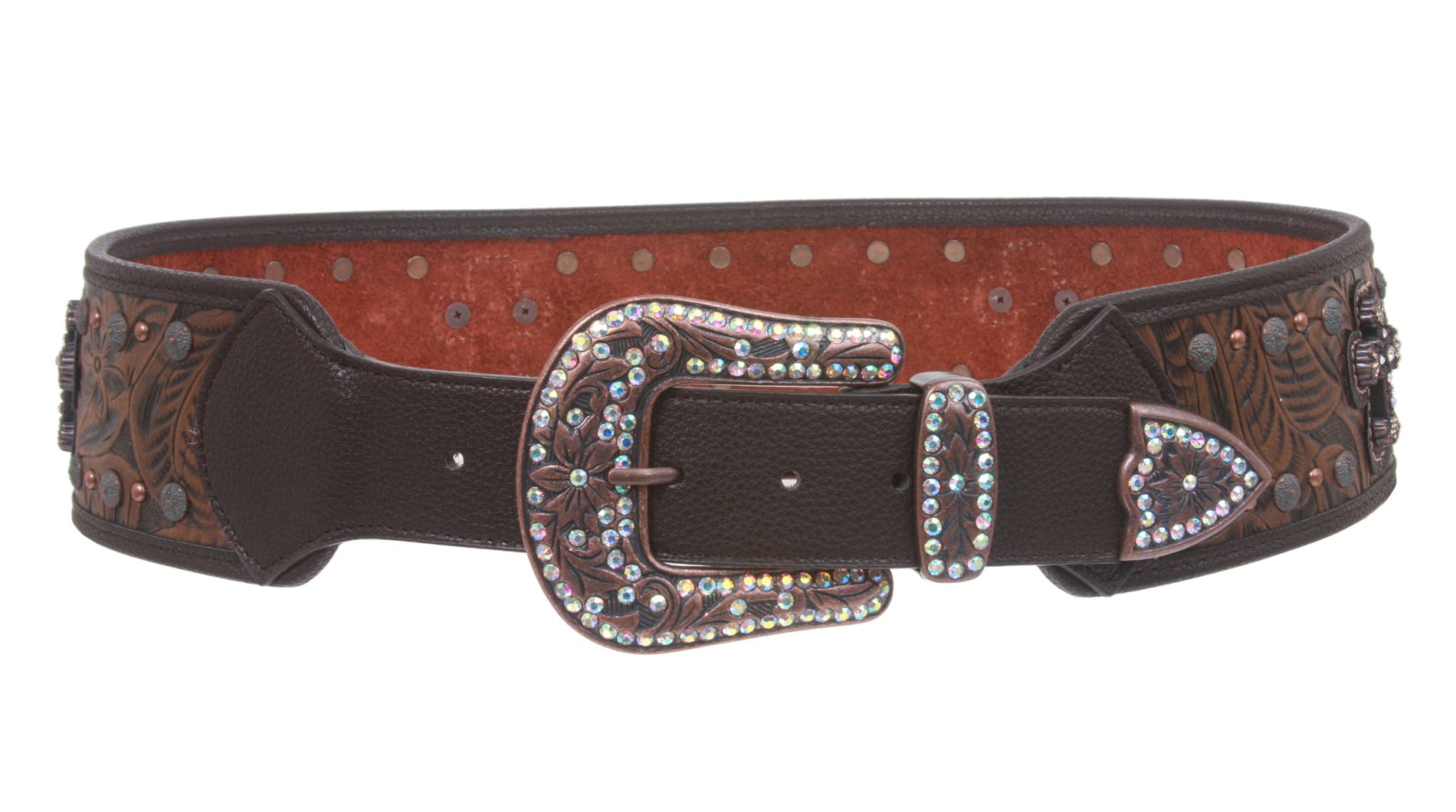 Womens 2 3/4'' Wide Western High Waist Rhinestone Cross Ornaments Contour Belt - OnlineBelts