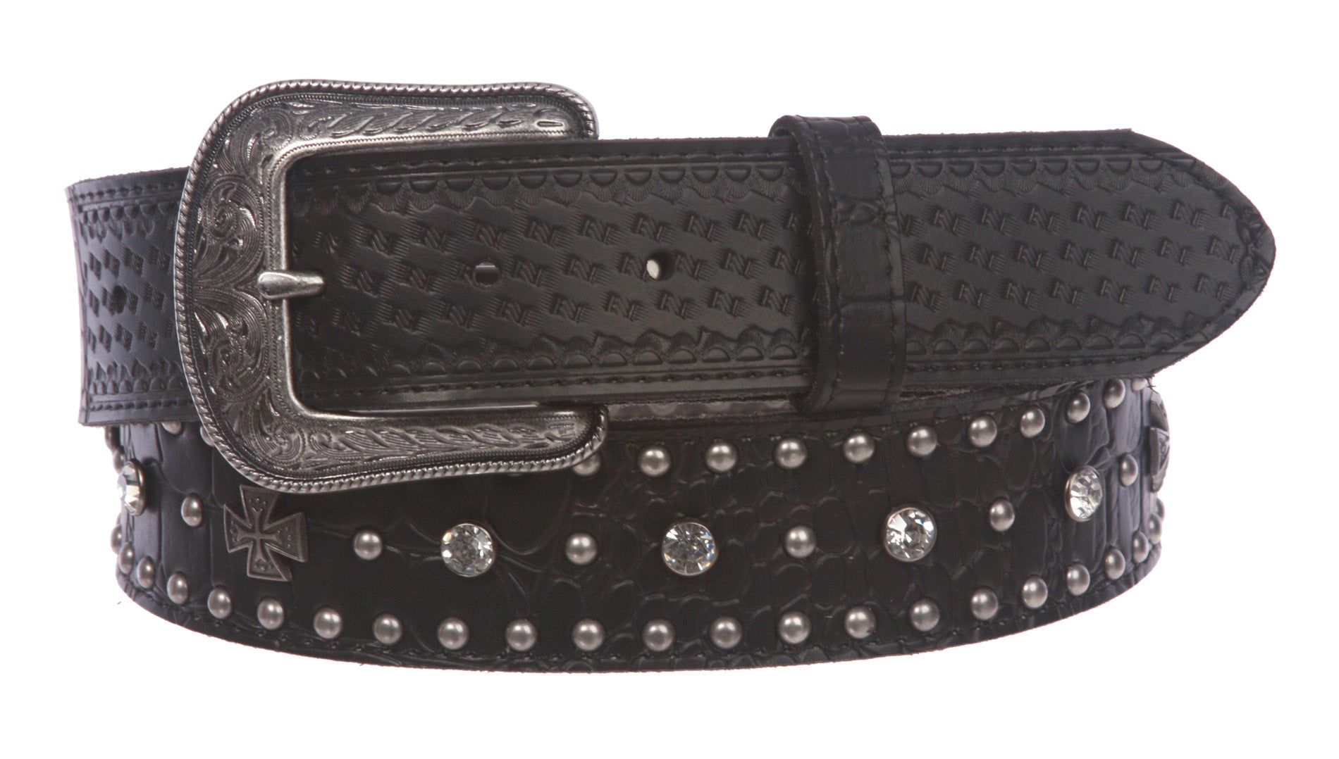 Western Faux Crocodile Print Embossed Cross Rhinestone Studded Leather Belt - OnlineBelts