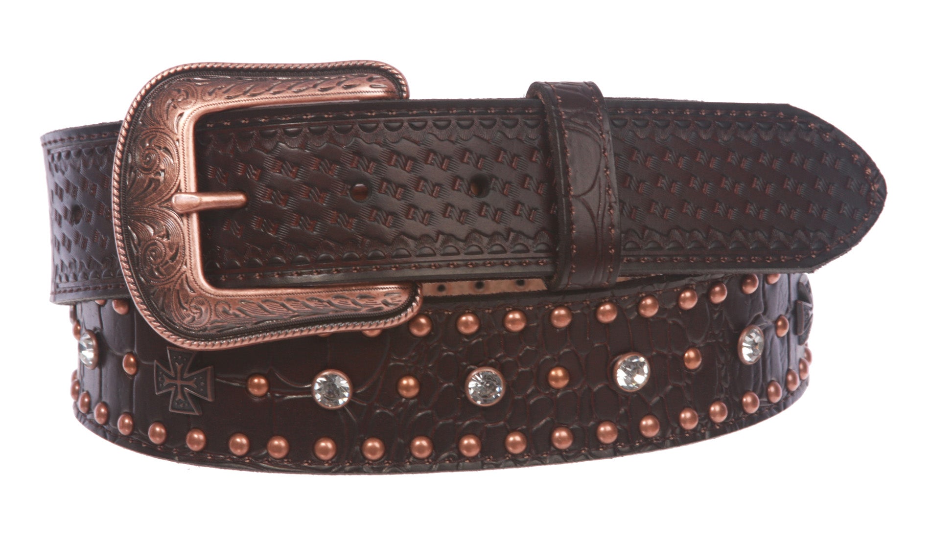 Western Faux Crocodile Print Embossed Cross Rhinestone Studded Leather Belt - OnlineBelts