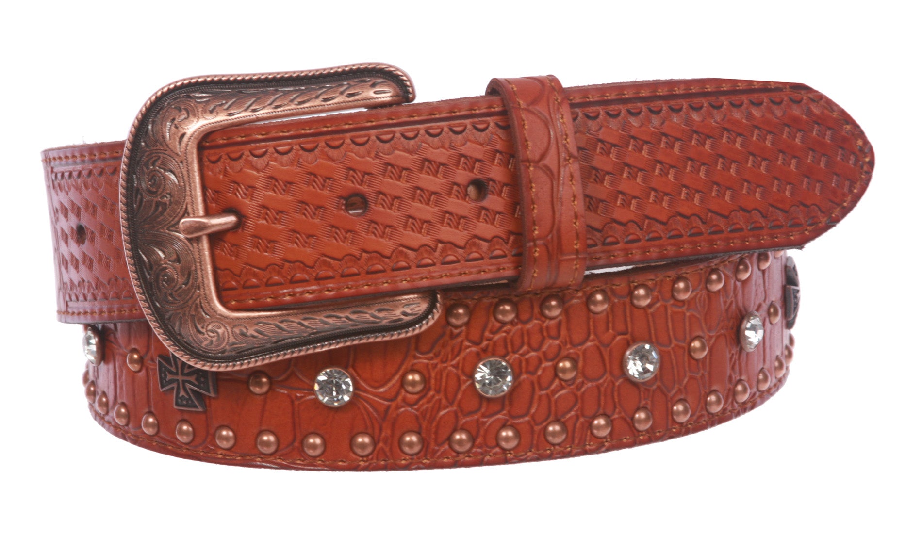Western Faux Crocodile Print Embossed Cross Rhinestone Studded Leather Belt - OnlineBelts