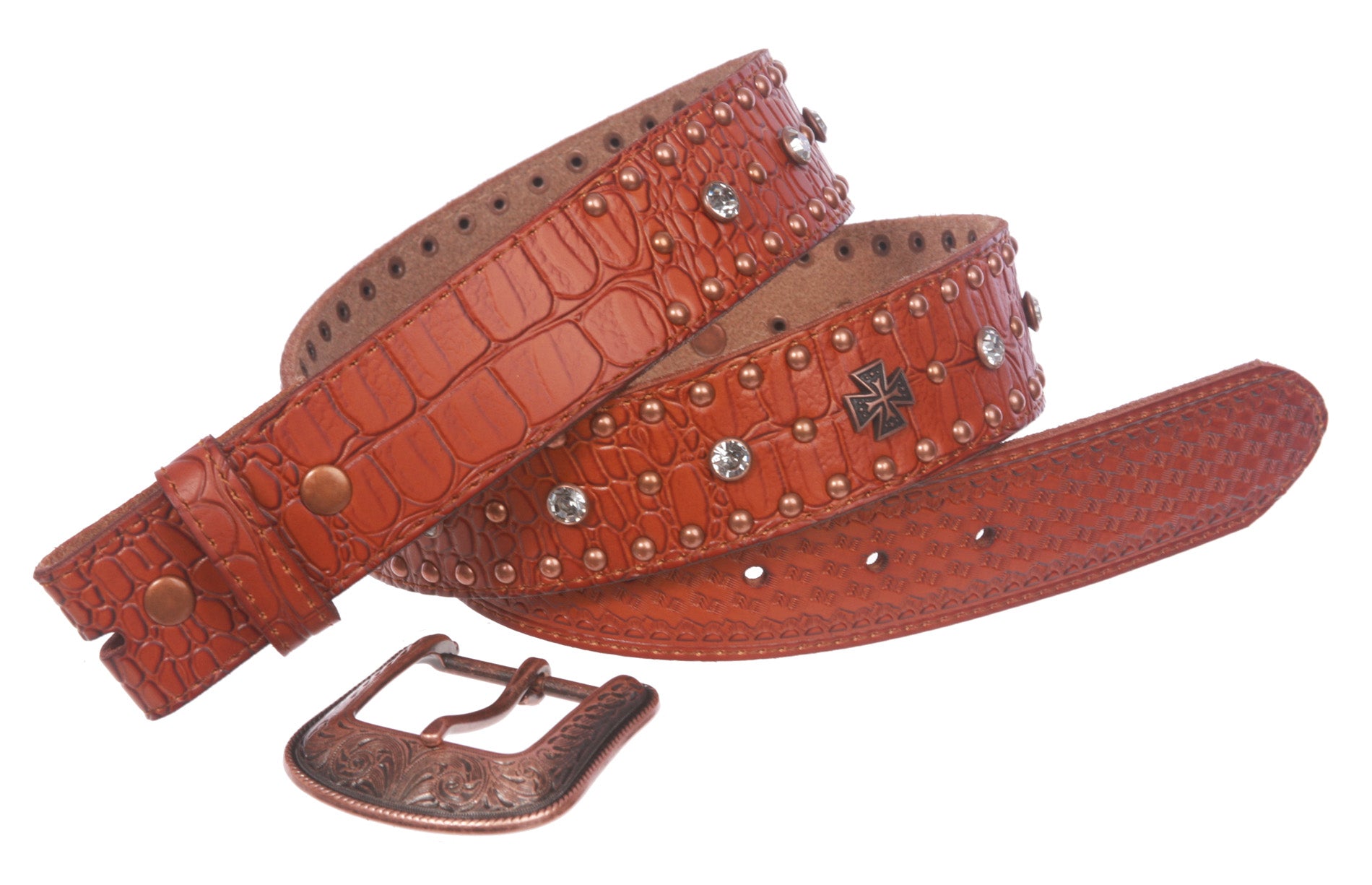 Western Faux Crocodile Print Embossed Cross Rhinestone Studded Leather Belt - OnlineBelts
