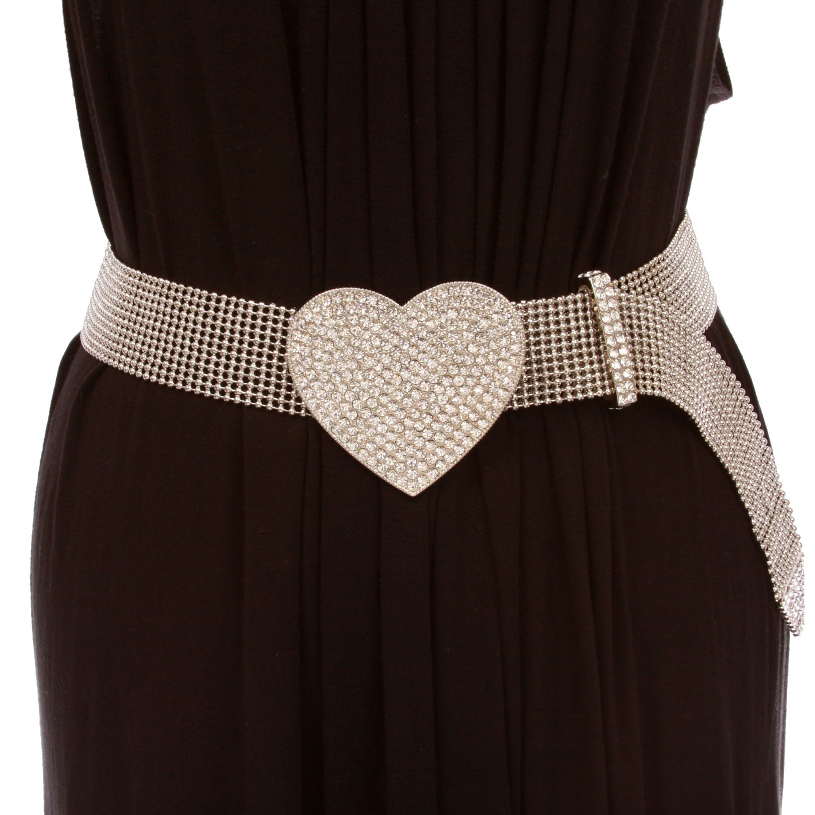 Ladies 1 1/2" Clear Rhinestone Heart Metal Ball Chain Belt - OnlineBelts