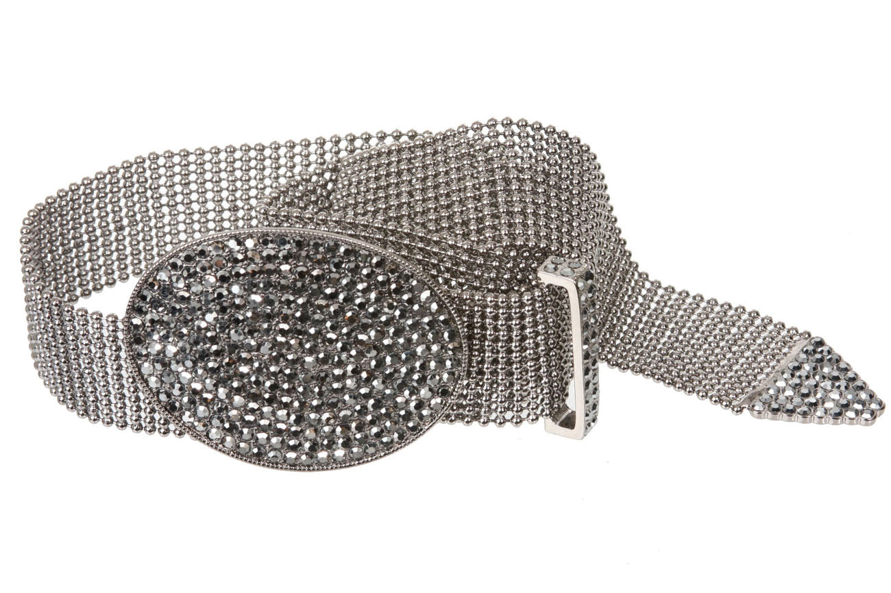 1 1/2" (38 mm) Hematite Rhinestone Oval Metal Ball Chain Belt - OnlineBelts
