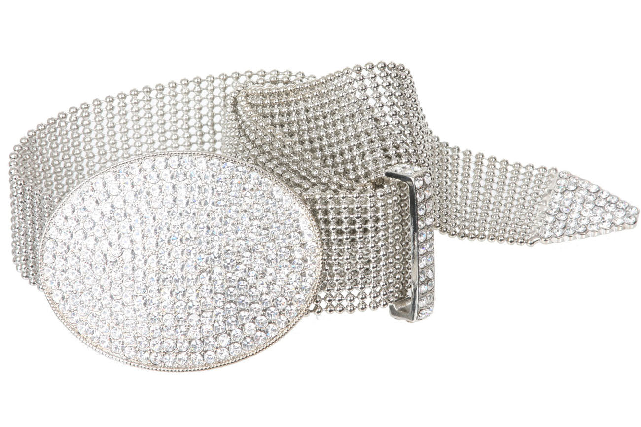 1 1/2" (38 mm) Clear Rhinestone Oval Metal Ball Chain Belt - OnlineBelts