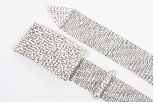 Ladies Clear Rhinestone Rectangular Metal Ball Chain Belt - OnlineBelts