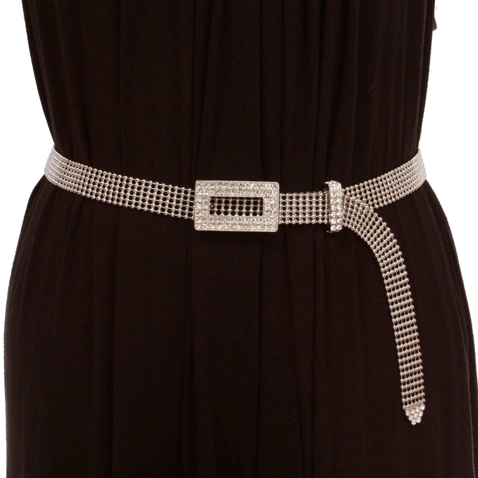 3/4" Rhinestone Open Rectangular Mesh Metal Ball Chain Belt - OnlineBelts