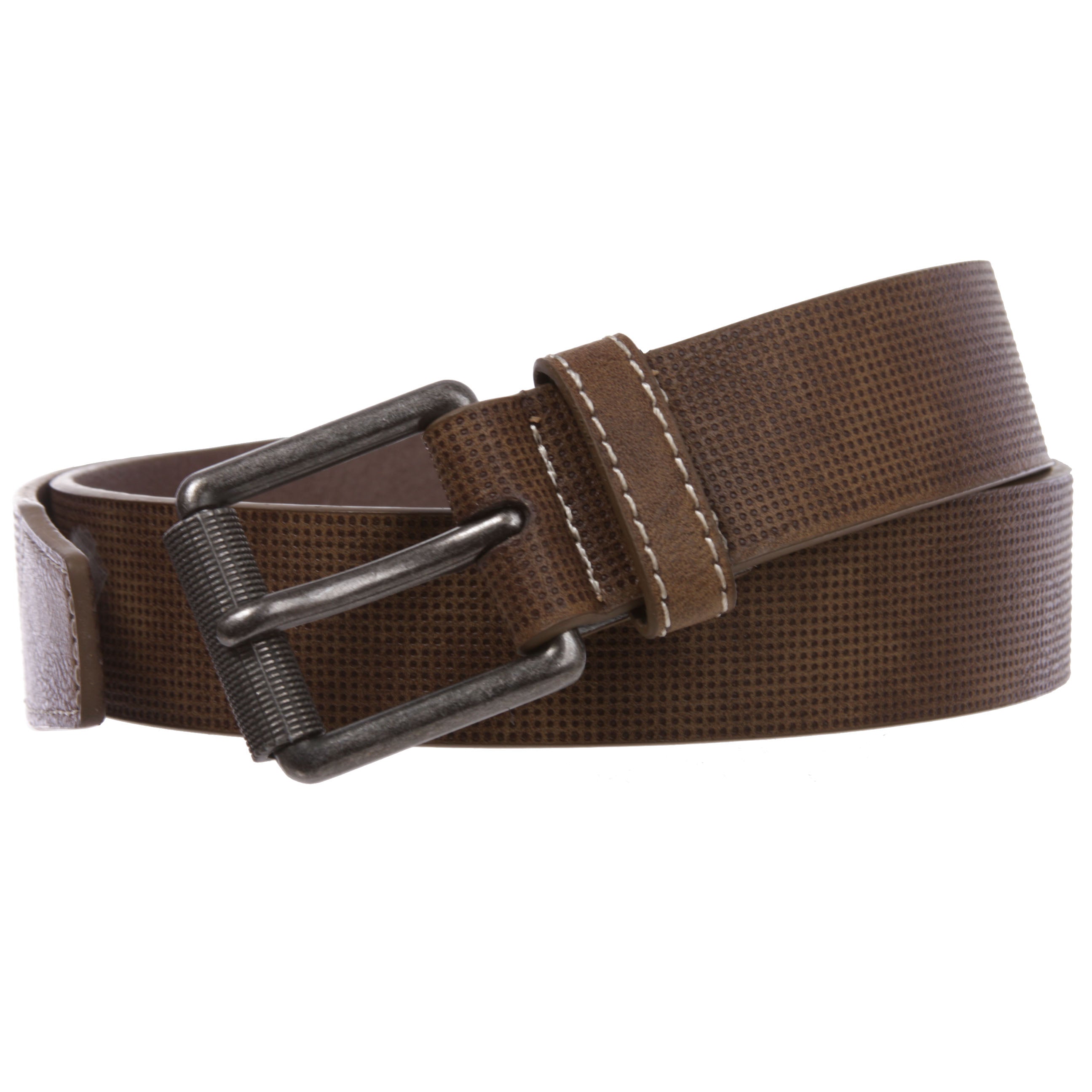 1 1/2"(38mm) Men's Embossed Stitch-Hole Leather Casual Jean Belt - OnlineBelts