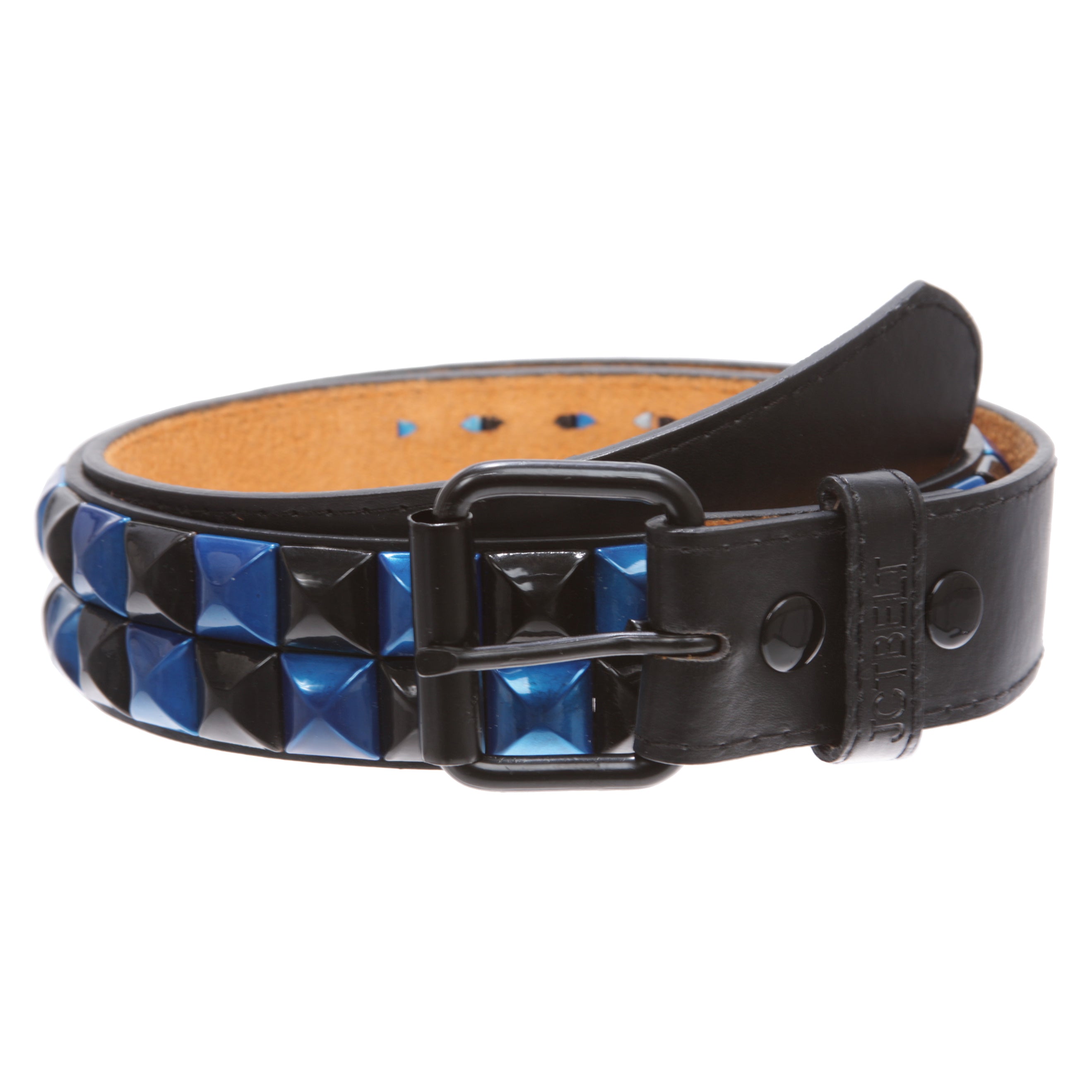 Snap On Double Row Punk Rock Star Pyramid Studded Checker Board Leather Belt - OnlineBelts