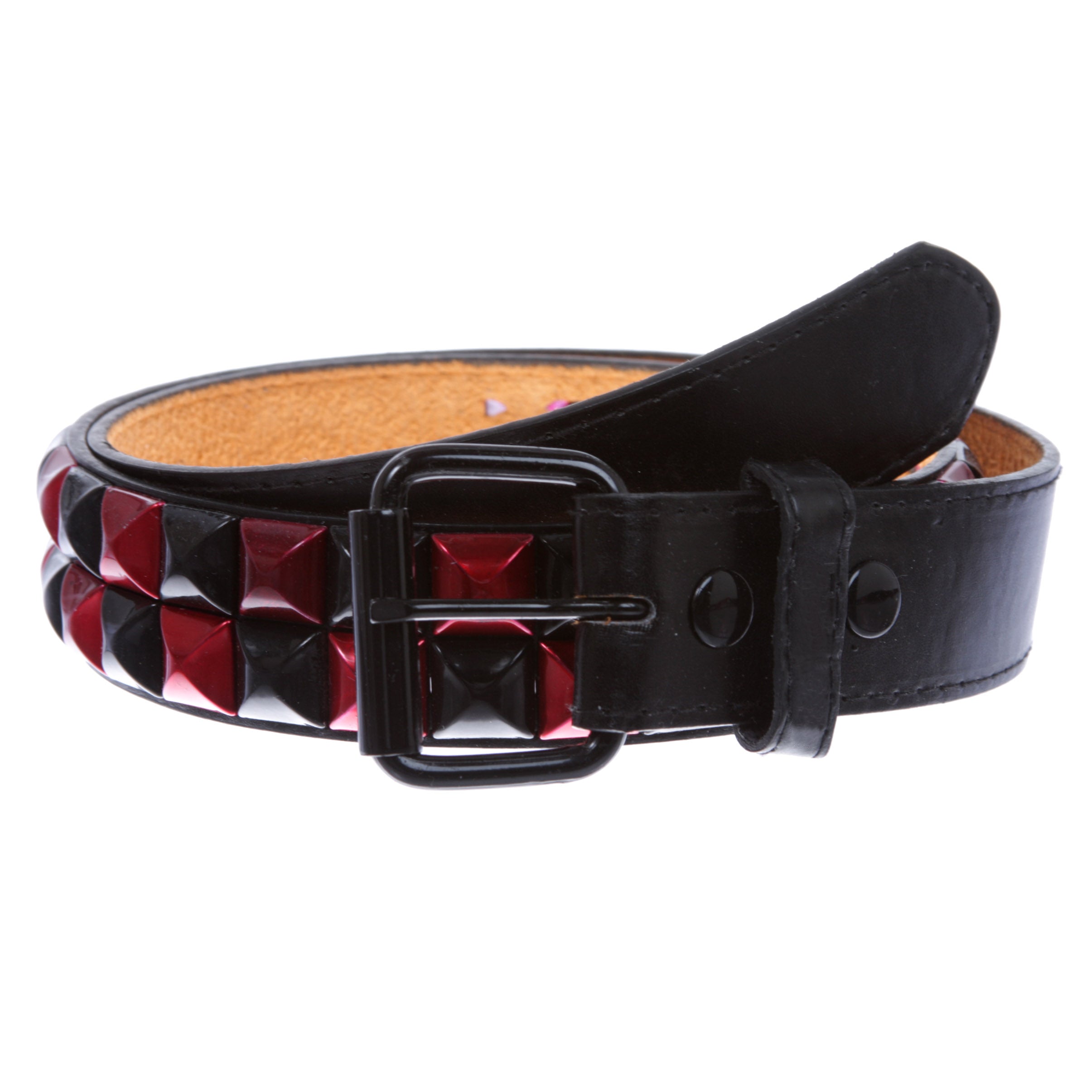 Snap On Double Row Punk Rock Star Pyramid Studded Checker Board Leather Belt - OnlineBelts