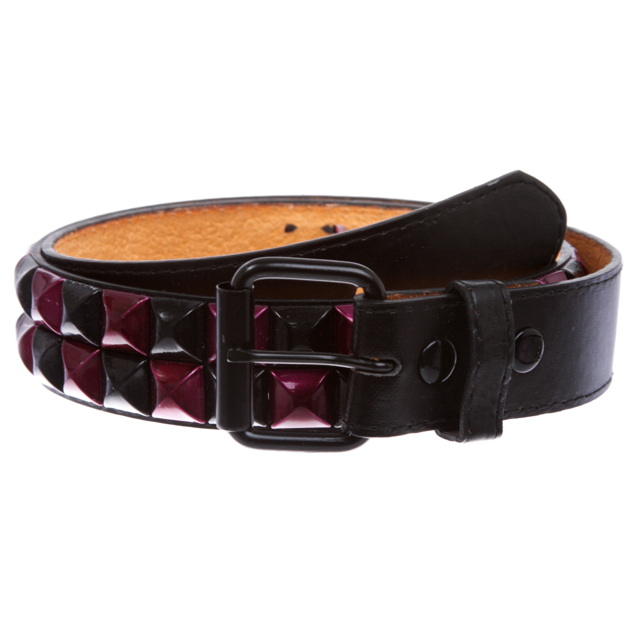 Snap On Double Row Punk Rock Star Pyramid Studded Checker Board Leather Belt - OnlineBelts