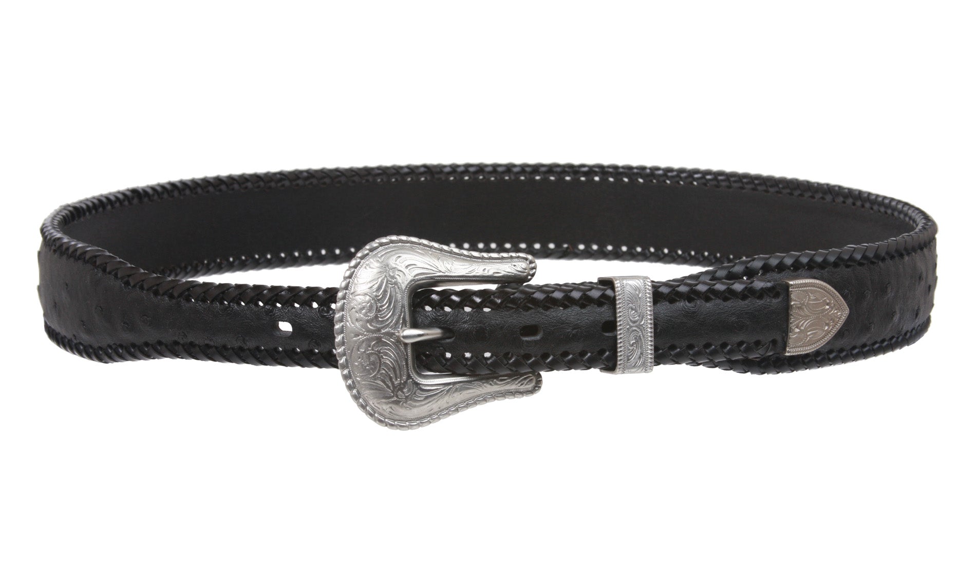Western Faux Ostrich Print Lased Tapered Leather Belt - OnlineBelts