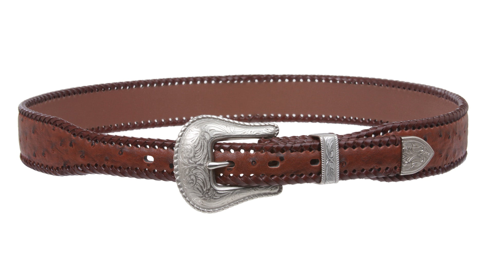 Western Faux Ostrich Print Lased Tapered Leather Belt - OnlineBelts
