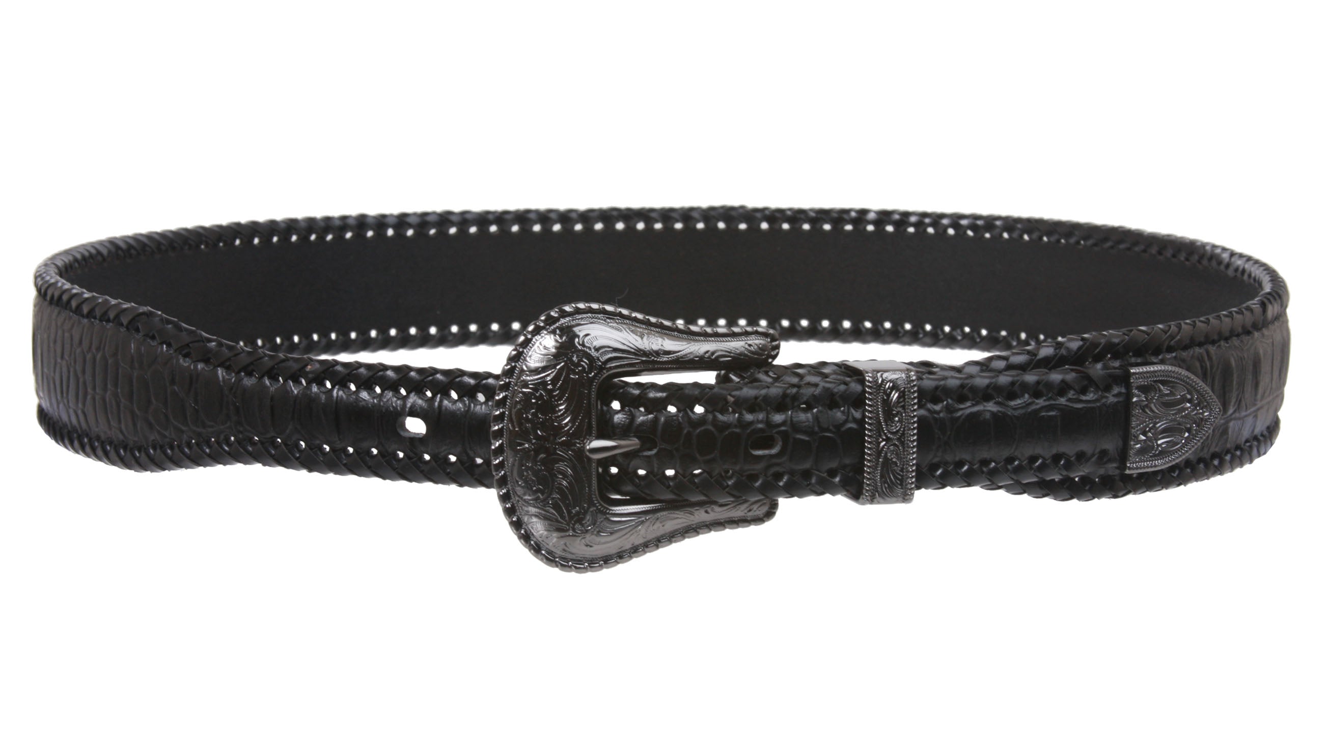 Western Croco Print Braiding Edged Leather Belt - OnlineBelts