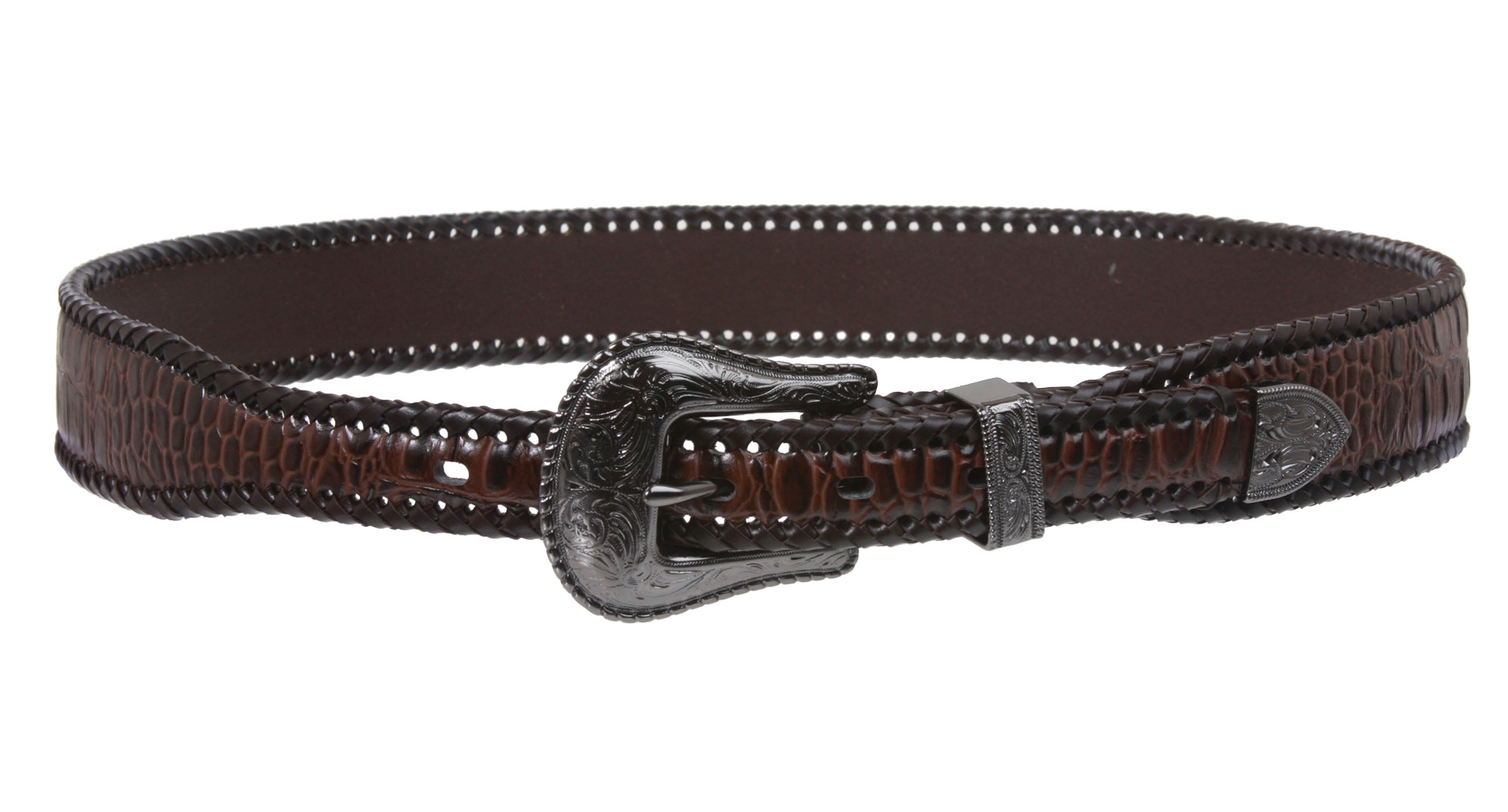 Western Croco Print Braiding Edged Leather Belt - OnlineBelts