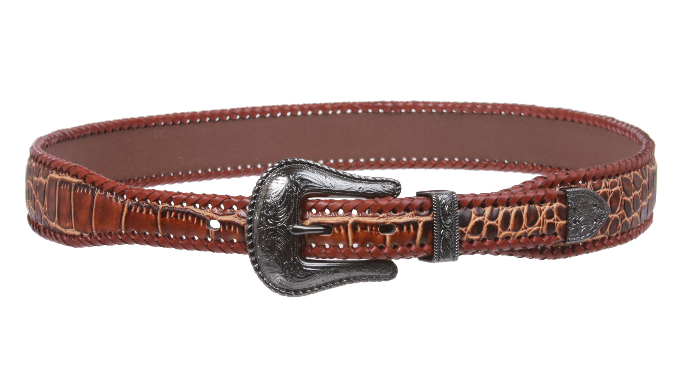 Western Croco Print Braiding Edged Leather Belt - OnlineBelts