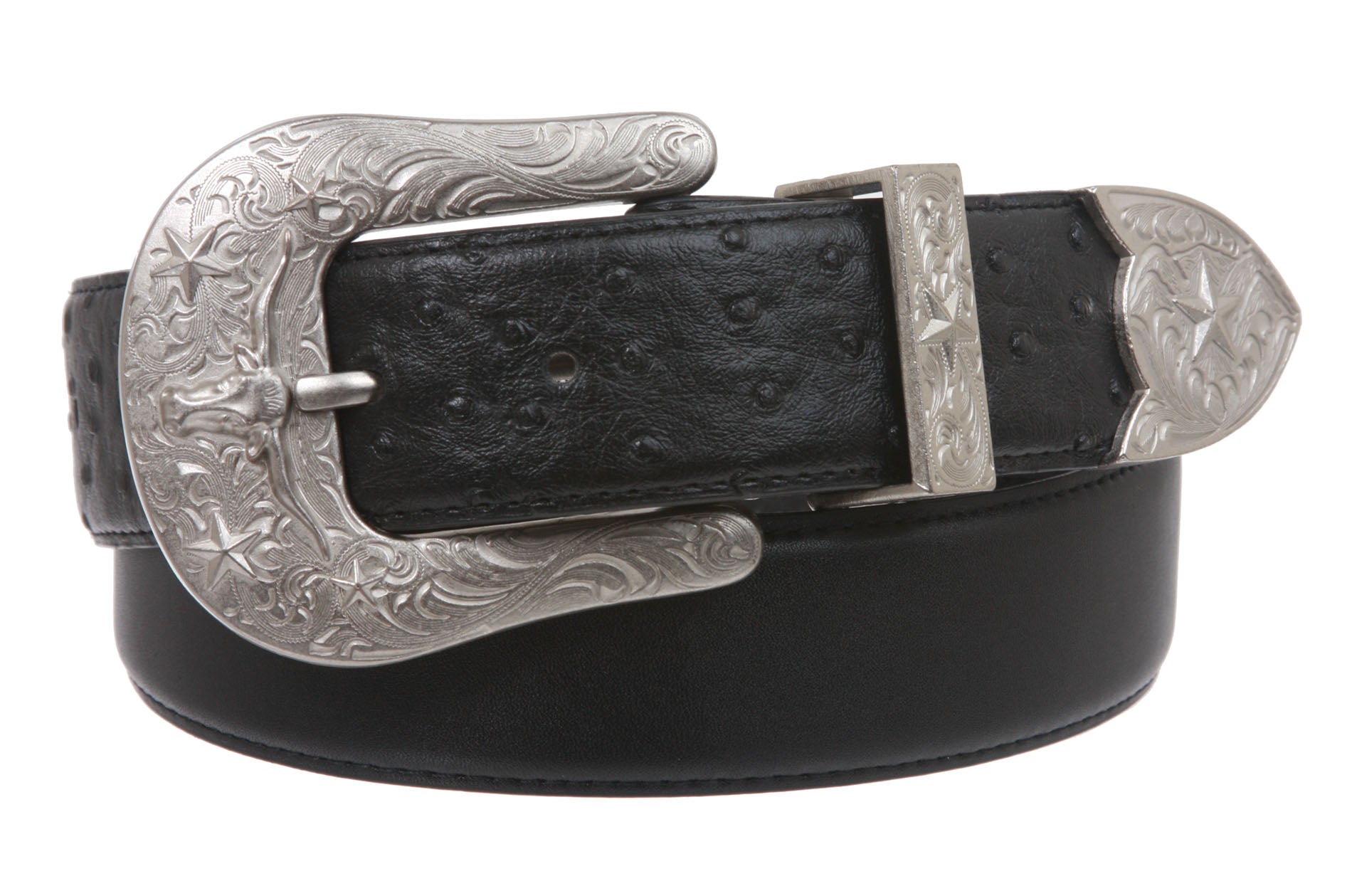 Western Faux Ostrich Print Stitching-Edged Leather Belt - OnlineBelts