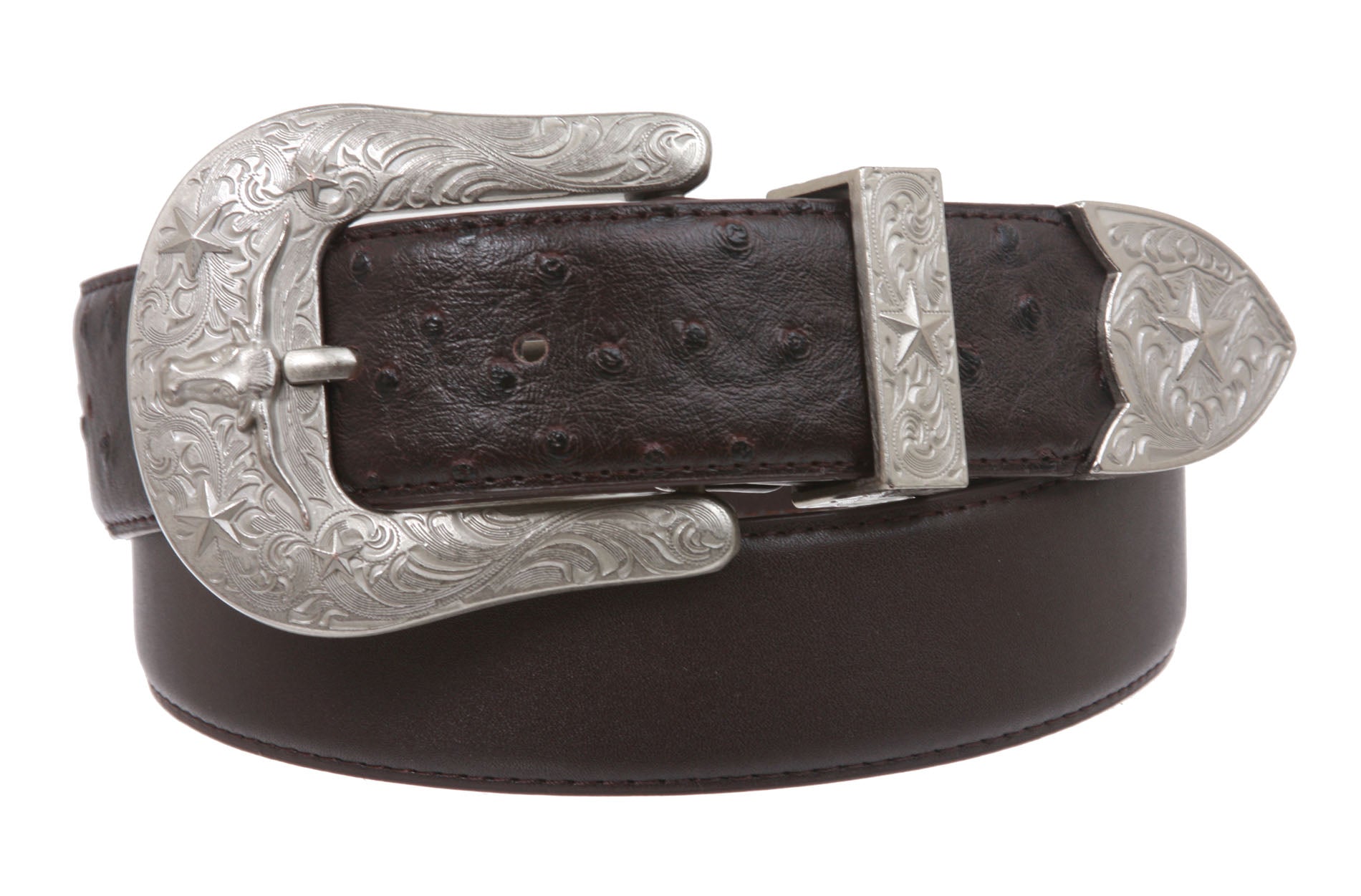 Western Faux Ostrich Print Stitching-Edged Leather Belt - OnlineBelts