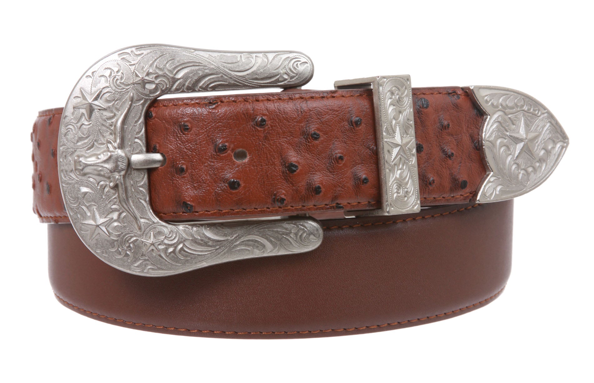 Western Faux Ostrich Print Stitching-Edged Leather Belt - OnlineBelts