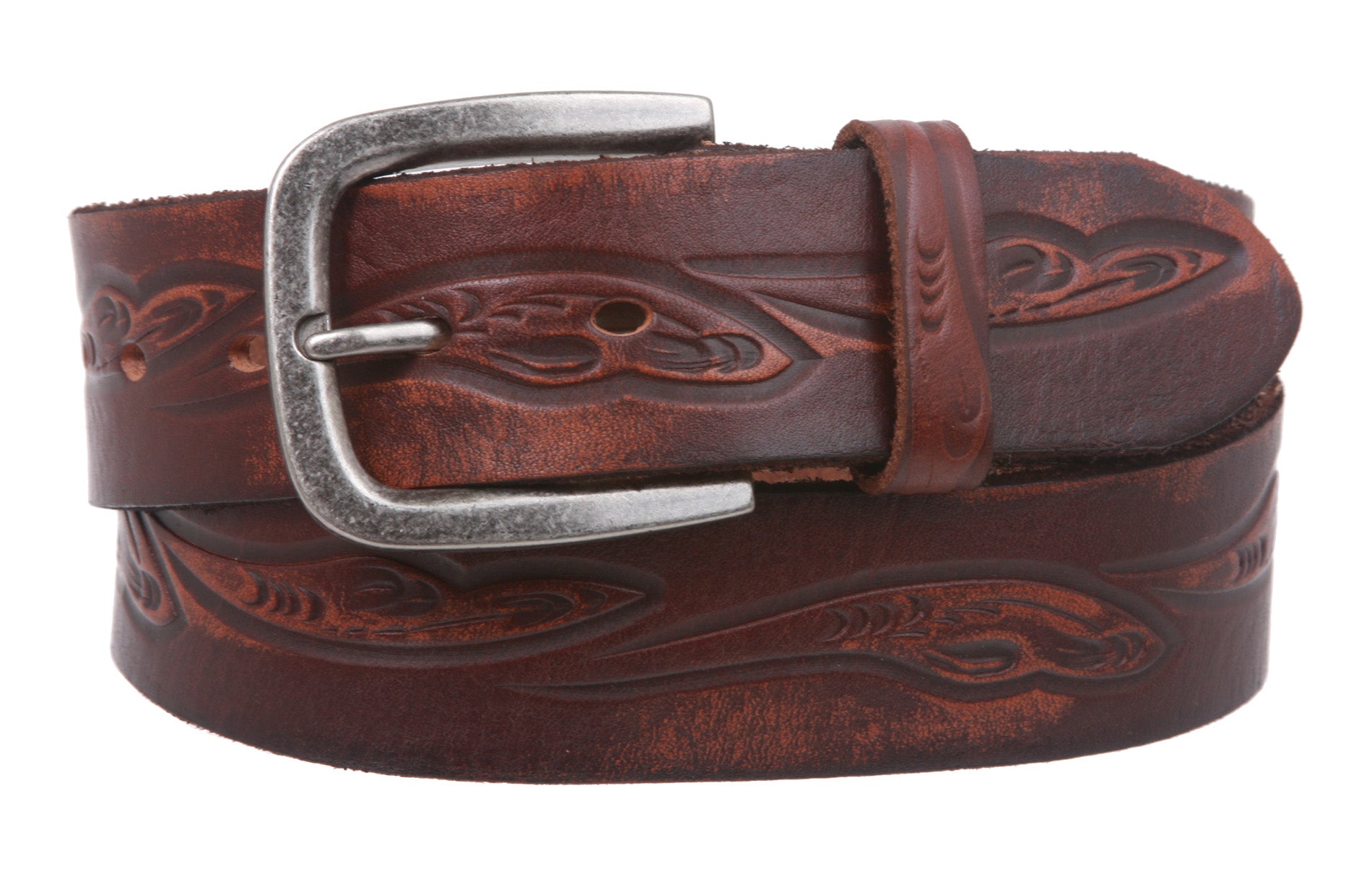 Snap On Floral Embossed Cowhide Full Grain Leather Casual Belt - OnlineBelts