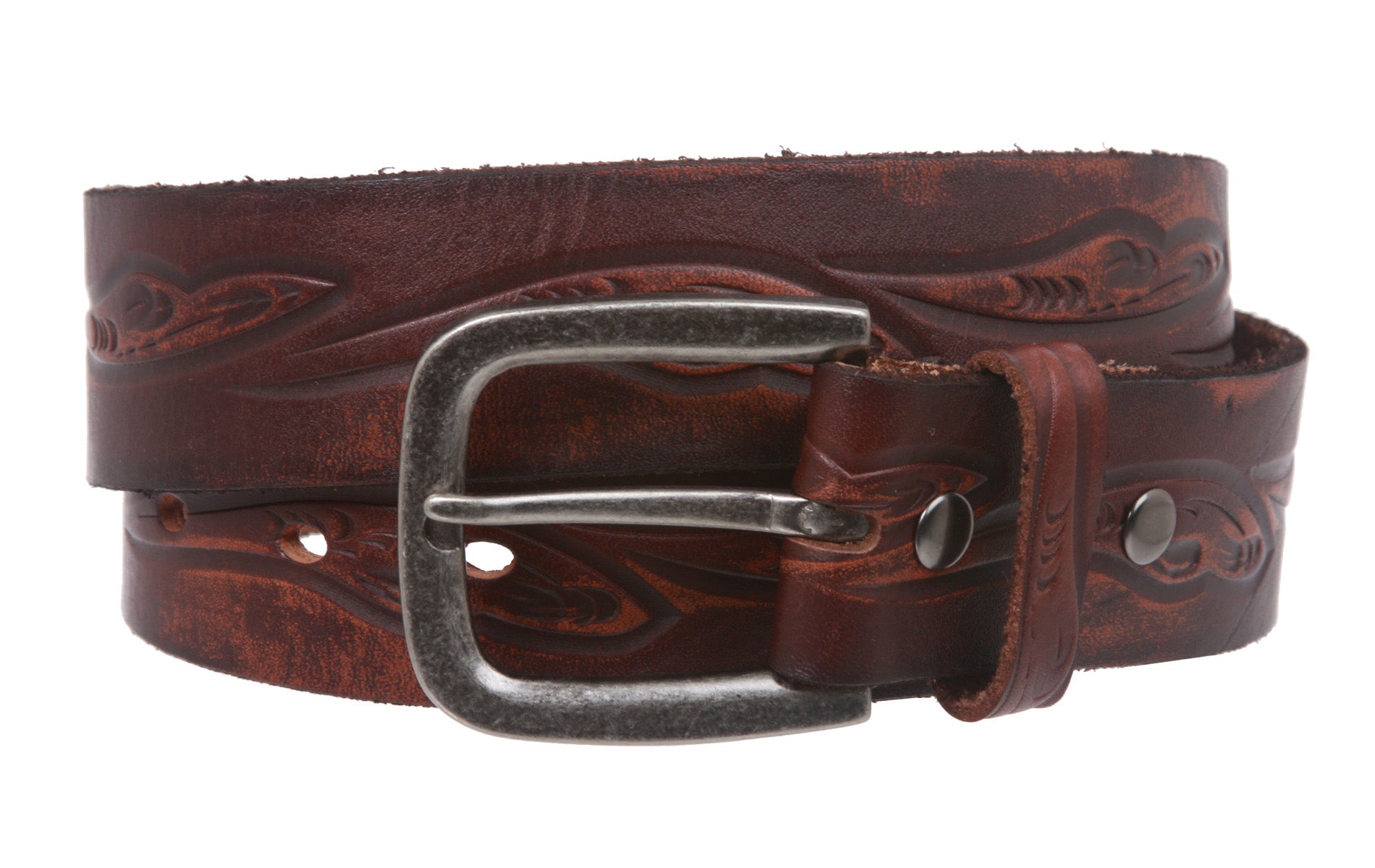 Snap On Floral Embossed Cowhide Full Grain Leather Casual Belt - OnlineBelts
