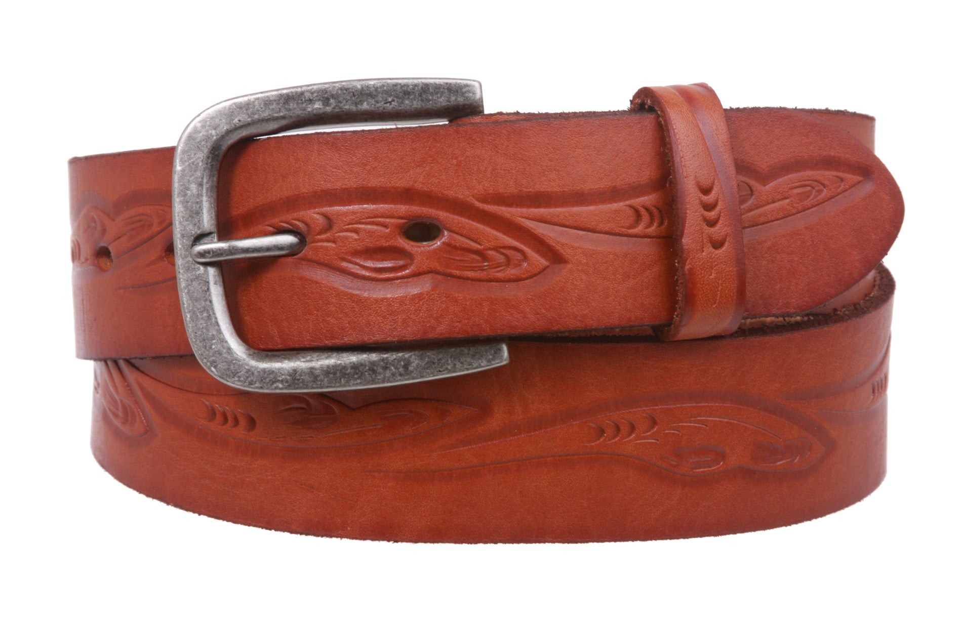 Snap On Floral Embossed Cowhide Full Grain Leather Casual Belt - OnlineBelts