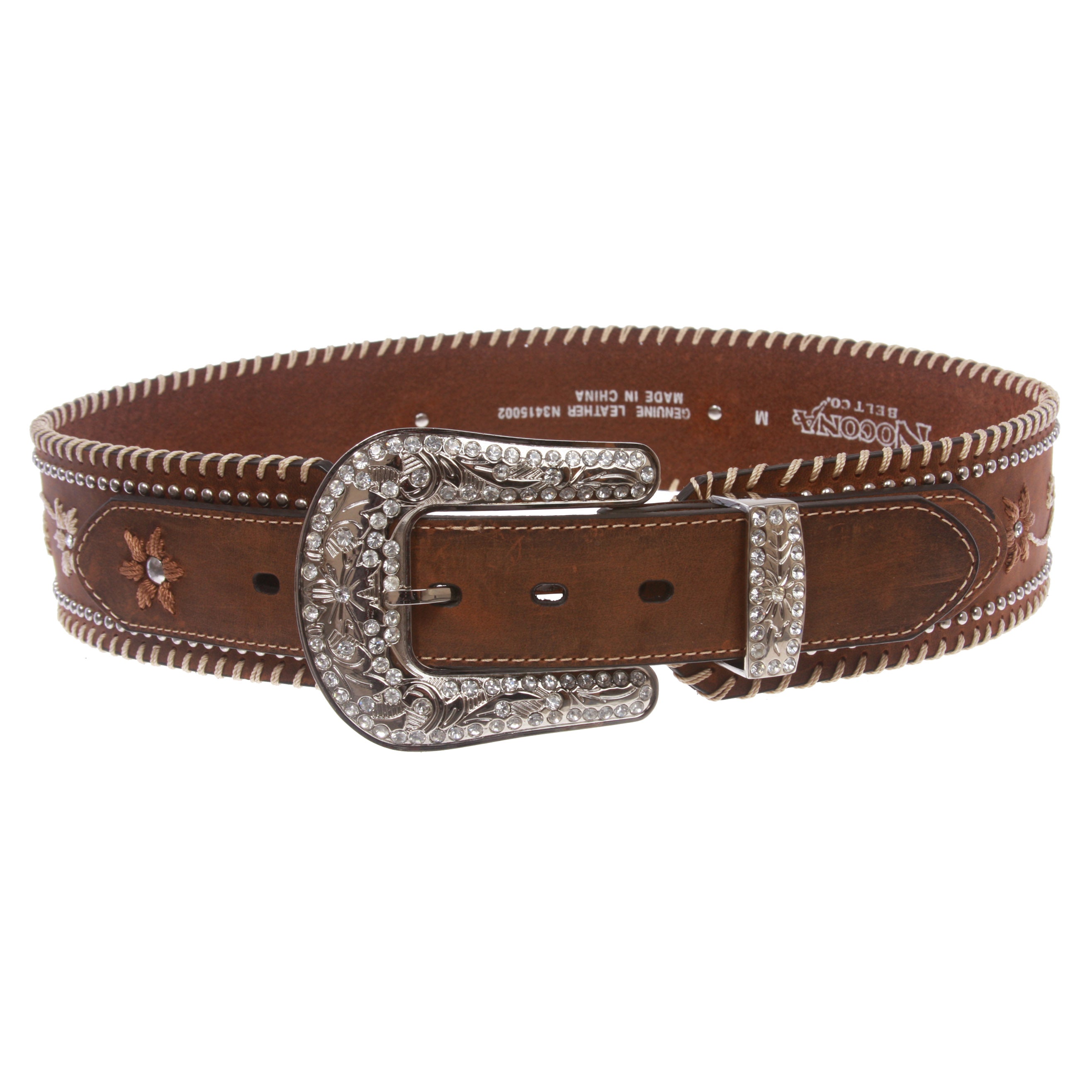 Women's 2 1/4" Wide High Waist Flower Embroidered Studded Vintage Belt - OnlineBelts