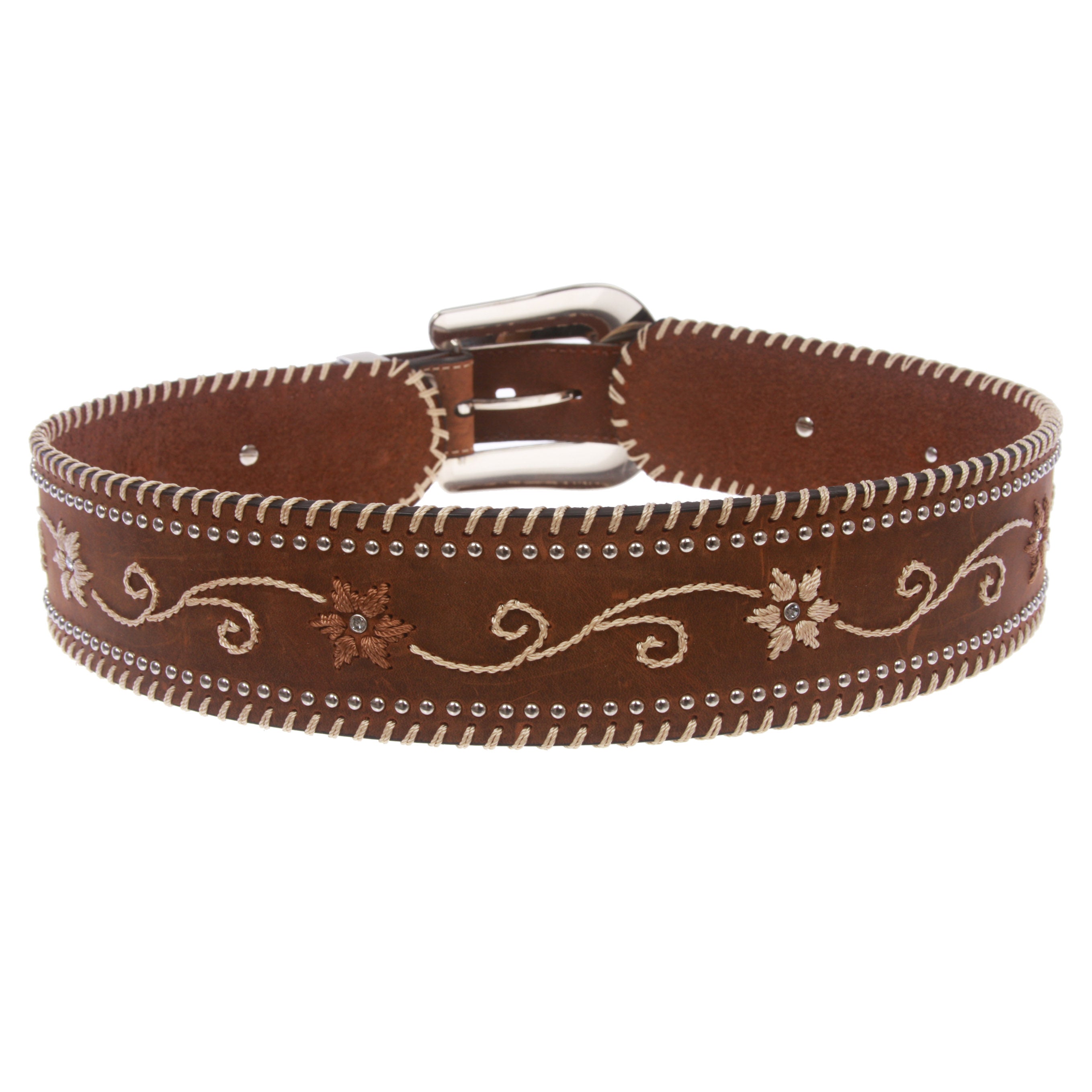 Women's 2 1/4" Wide High Waist Flower Embroidered Studded Vintage Belt - OnlineBelts