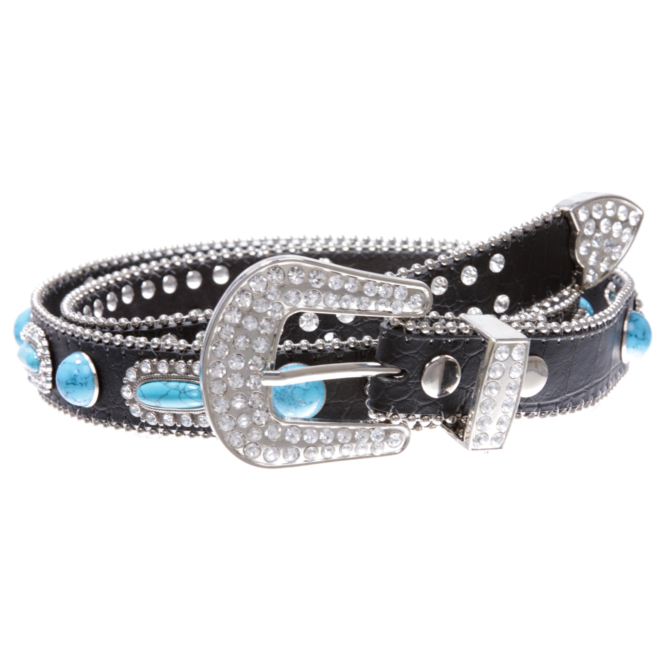 Skinny Western Rhinestone Turquoise Concho Leather Belt - OnlineBelts