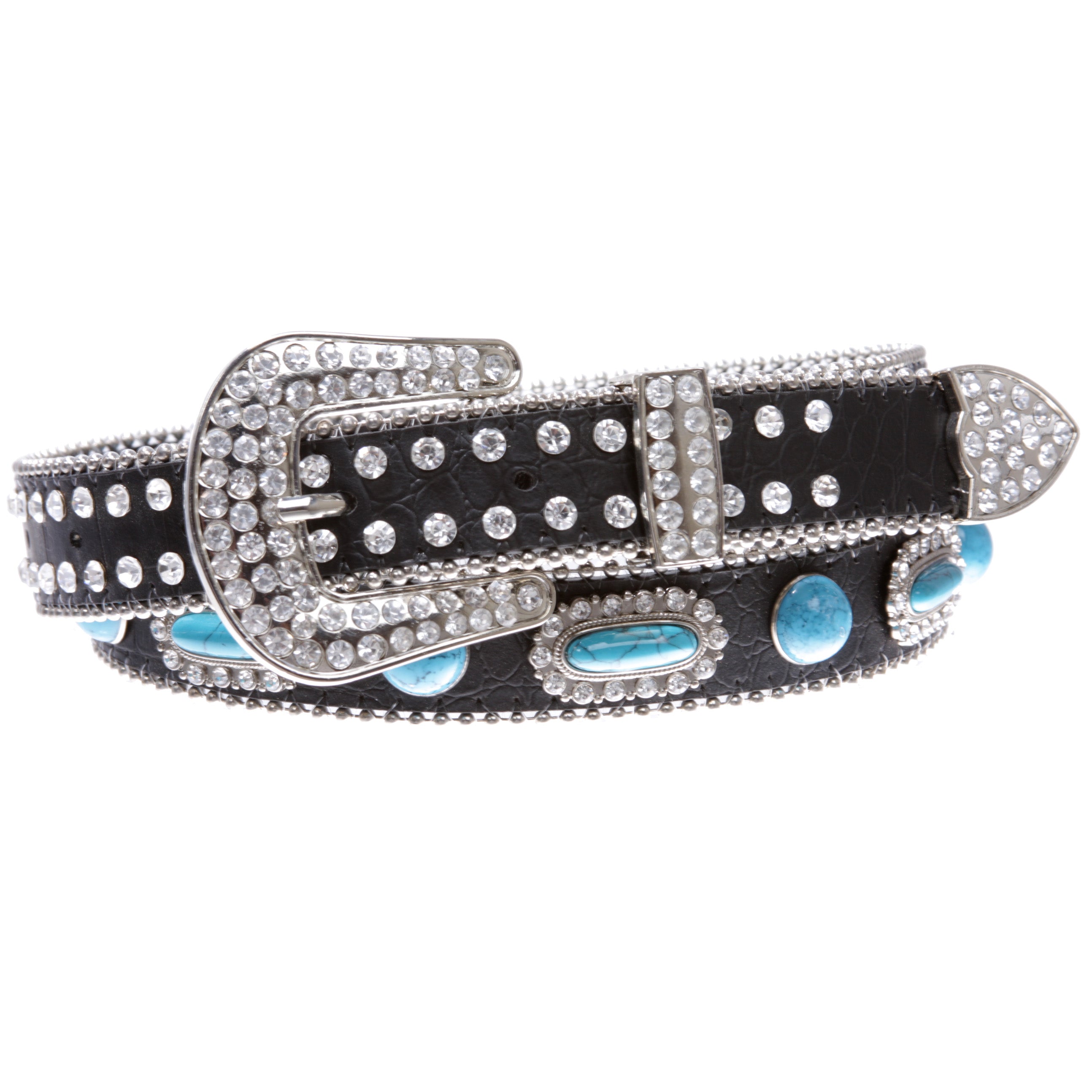 Skinny Western Rhinestone Turquoise Concho Leather Belt - OnlineBelts