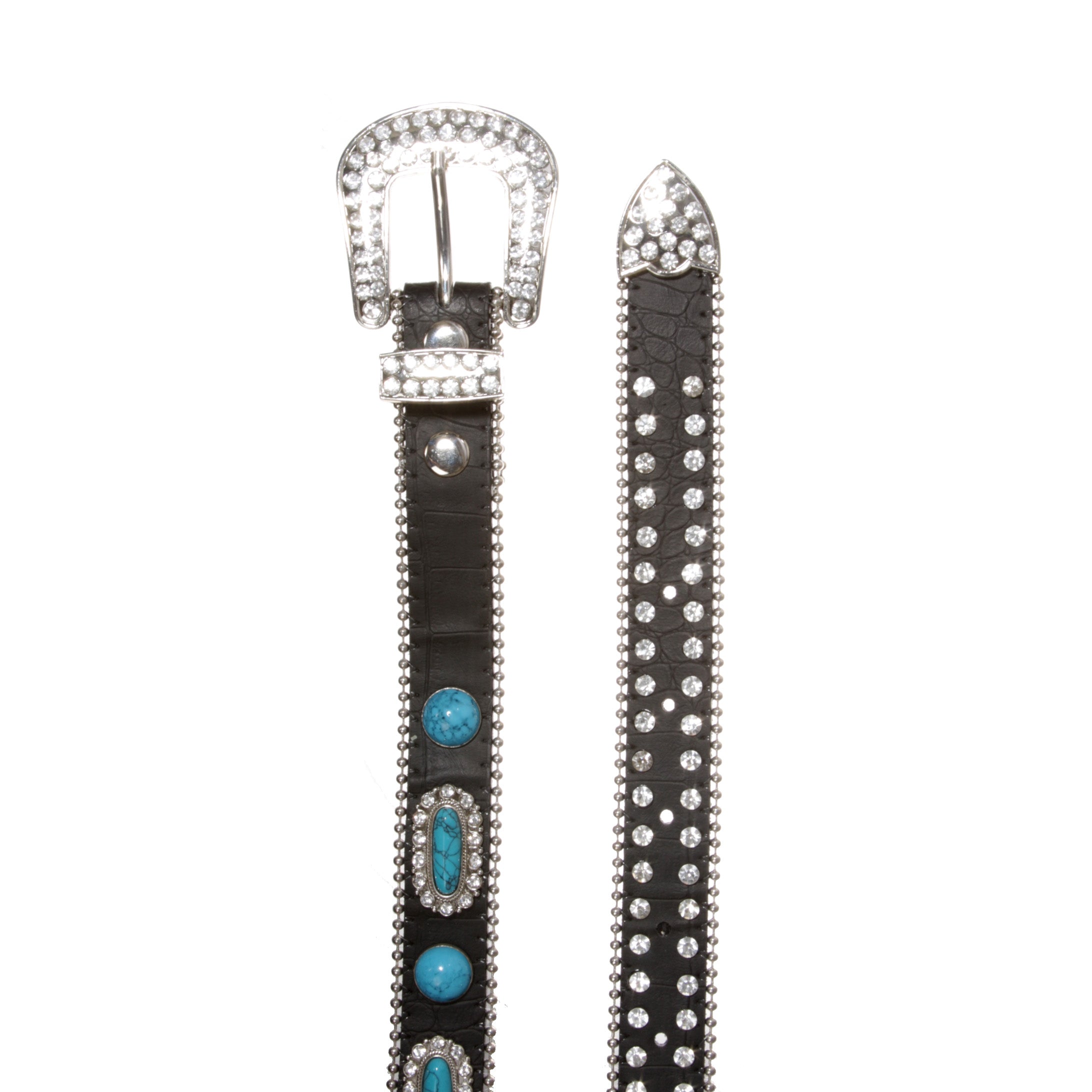 Skinny Western Rhinestone Turquoise Concho Leather Belt - OnlineBelts