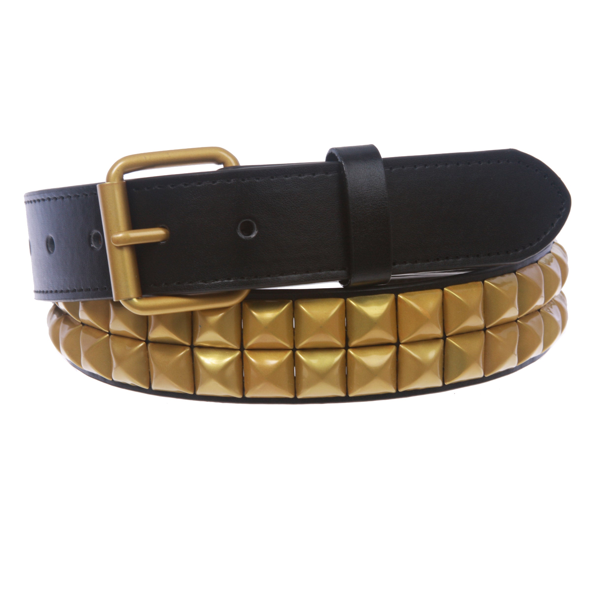 1 1/4" (33 mm) Snap On Two Row Punk Rock Star Brass Studded Leather Belt - OnlineBelts