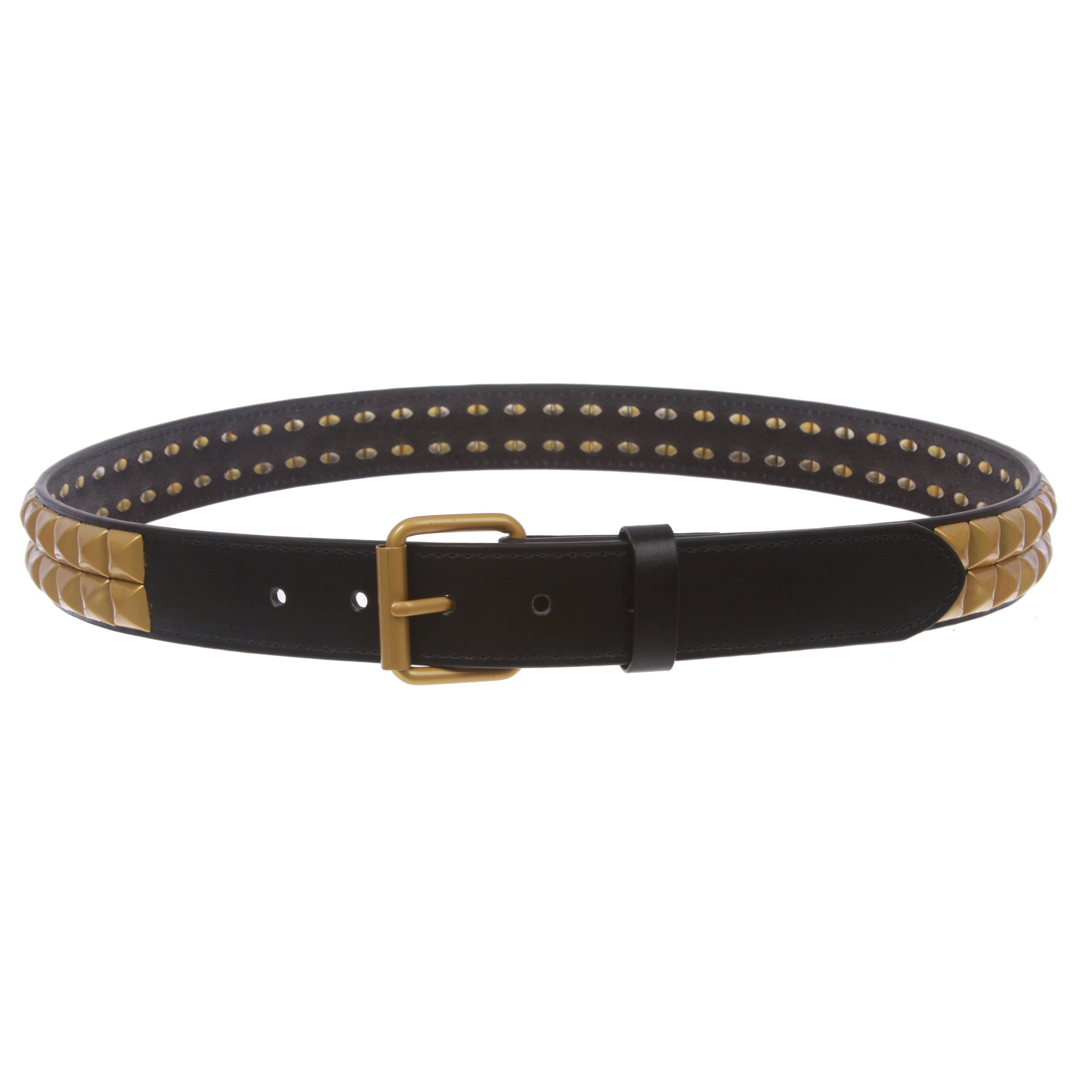 1 1/4" (33 mm) Snap On Two Row Punk Rock Star Brass Studded Leather Belt - OnlineBelts