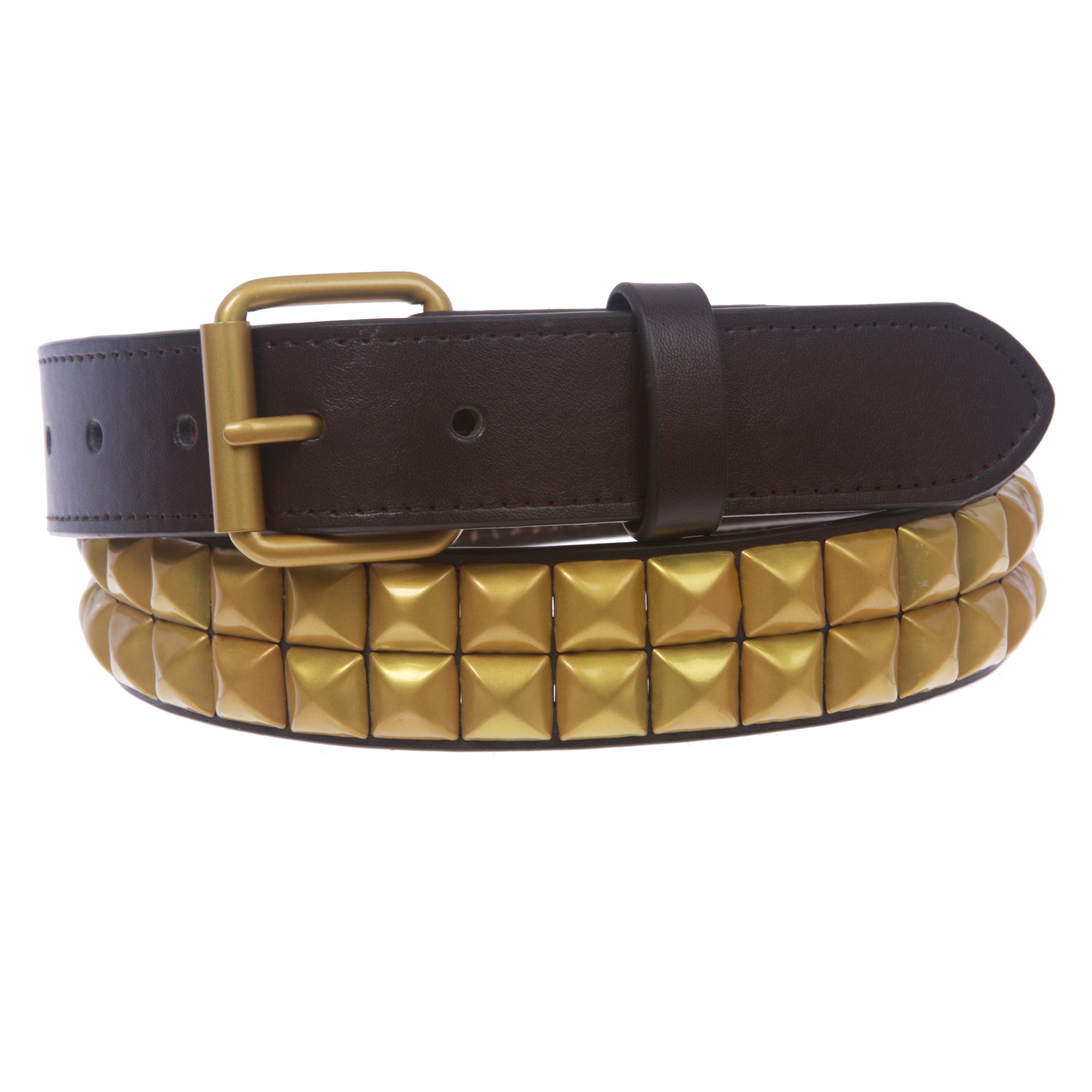 1 1/4" (33 mm) Snap On Two Row Punk Rock Star Brass Studded Leather Belt - OnlineBelts